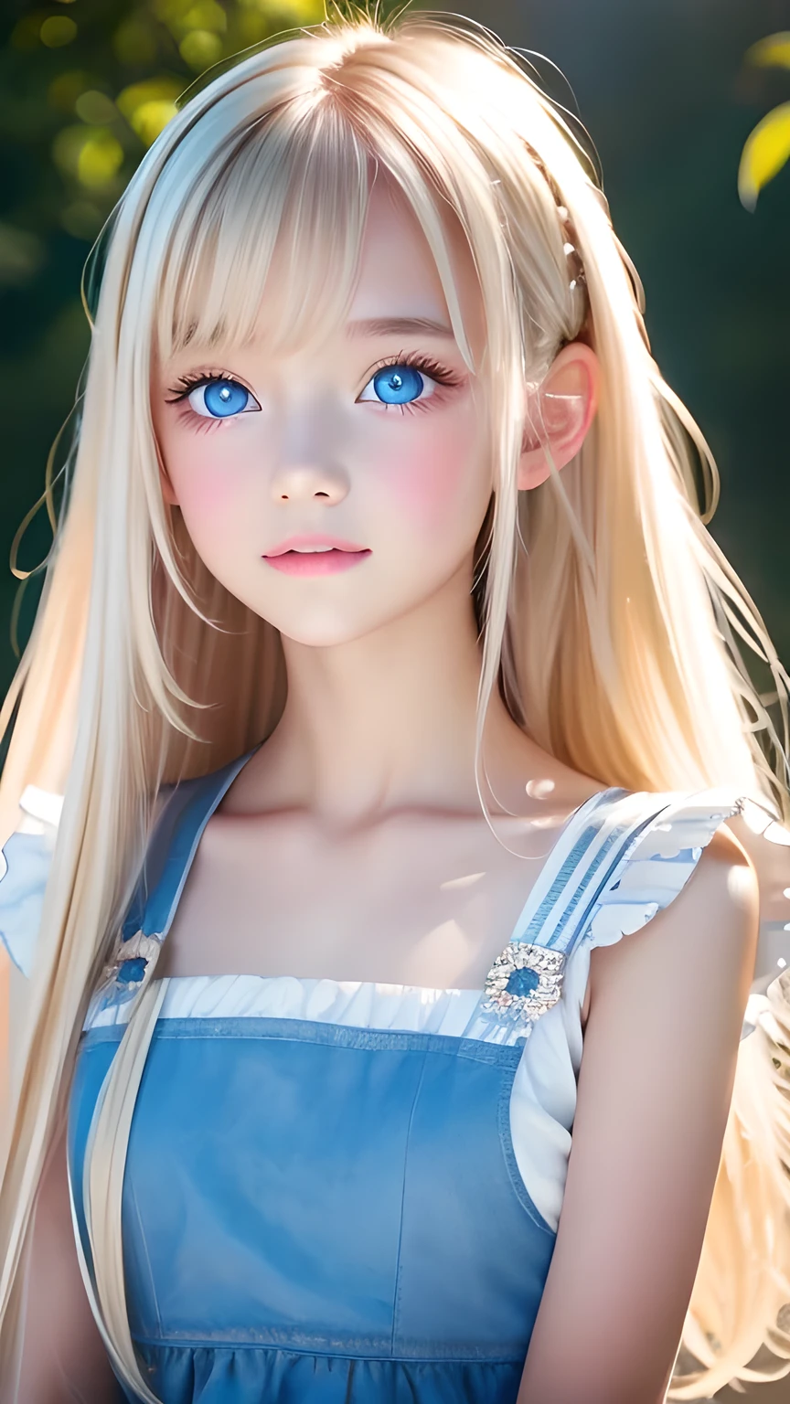 Photorealism、highest quality、超A high resolution、picture、Photo of a very beautiful girl of Scandinavian origin、An exceptionally beautiful girl、Cute and beautiful face details、(Purelos Face_v1:0.008)、Beautiful Bangs、Alice in Wonderland、、Radiant, fair, glowing skin、Hair on face、Bangs that reach the face、Bangs between the eyes、Super long super long hair、Glamorous bright natural platinum blonde super long straight silky hair、Thin Hair、Very large, bright blue eyes that shine beautifully、White apron、Blue Dress、eyeliner、double eyelid、Ample Bust、White, shiny skin、Small Face Beauty、Round face、