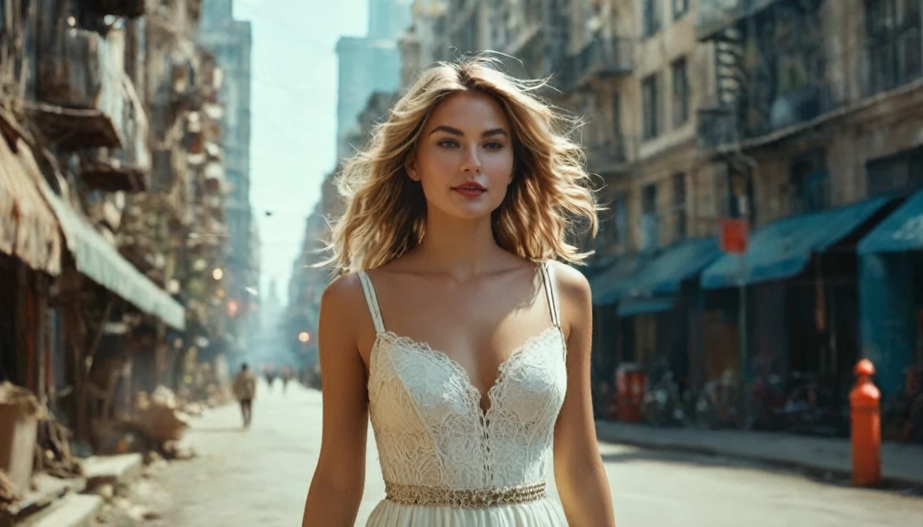 ((high angle camera view from above)) cinematic wide angle full body shot of a short white dressed ((GIRL MINI DRESS - BOW STRAP DRESS))stylish european long blonde wavy haired woman walks down a street of a cyberpunk megacity at daytime after a nuclear war in a futuristic Dystopian city. Happy smiling face. Blue sky and the sun shines. Ruined skyscrapers in the background. (( She wears the same white short dress s on each image)) . Consistent structure and movement of the character, static 3D environment, consistent structure of the buildings. Both sides of the pedestrian street are very full of garbage, with overturned bins full of waste that have not been emptied for weeks. some people walking in the background. Garbage mounds towers in front of the houses. Filthy dump on the street all around. Dystopian megacity, Chaotic, end of the world atmosphere. Dirt and filth is everywhere. She wears a short two piece white silk lace dress. She has stylish make up and luxury hair style. Highly detailed facial features, full lips, upturned nose, best smile, realistic perfect eyes and face. Photorealistic body and face, highly detailed shiny hair and skin. She walks confidently and casually. Sharp focus, depth of field, lifelike textures, best shadows, best quality. Realism, photorealism, hyperrealism, vintage muted color tones, lomochrome, natural lights, cinematic lighting, contrast lighting, best quality, insanely intricate details, hdr, uhd 8k, 35 mm film, analog,((1970s movie style)), retro, vintage color grading,Award - winning photograph, Masterpiece, 16k,hyper detailed,sfumato, chiaroscuro, beautiful woman, perfect face, rule of thirds, highly detailed hair, ((detailed face)), ((detailed facial features)), (finely detailed skin), pale skin, intricate details, amazing fine detail, neutral colors, Soft front light,cinematic lighting, dramatic lighting,dappled light on face, backlight on hair, sharp focus, wide angle, film grain, dslr, raw photo, photographed on Nikon
