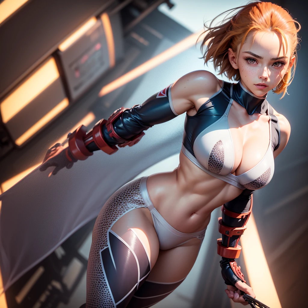 (beautiful 18  year old girl), short hair, crop top, leggins, big breasts, looking at viewer, maximum detail, (blurred background), sharp texture, professional lights, freckles on face, maximum quality, side pose, realistic, medium contrast, multicolored hair, hair bow, furrowed brow, light smile, 8k, 16k, masterpiece, ccurate, anatomically correct, textured skin, high details, high quality, 16k, highres, (marking panties), (leggins), (posing sexy), (view from below)