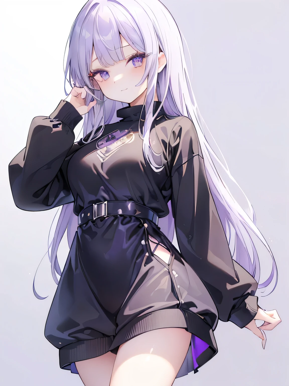 masterpiece , best quality , detailed , ((( 1 25yo woman ))) , ( lavender hair ) , (middle length straight hairstyle) , ( hair intakes:1.3 ) , ( The bangs are even:1.2 ) , ((( hime cut:1.3 ))) , ( flipped hair:1.2 ) , beautiful medium breasts, casual wear , (( black sweatshirt )) , white skirts , (( from front )) , smile expression , ( look at viewer ) , ( cowboy shot:1.3 ) , purple dropped eyes , (( simple white background:1.3 )) , (( standing upright ))
