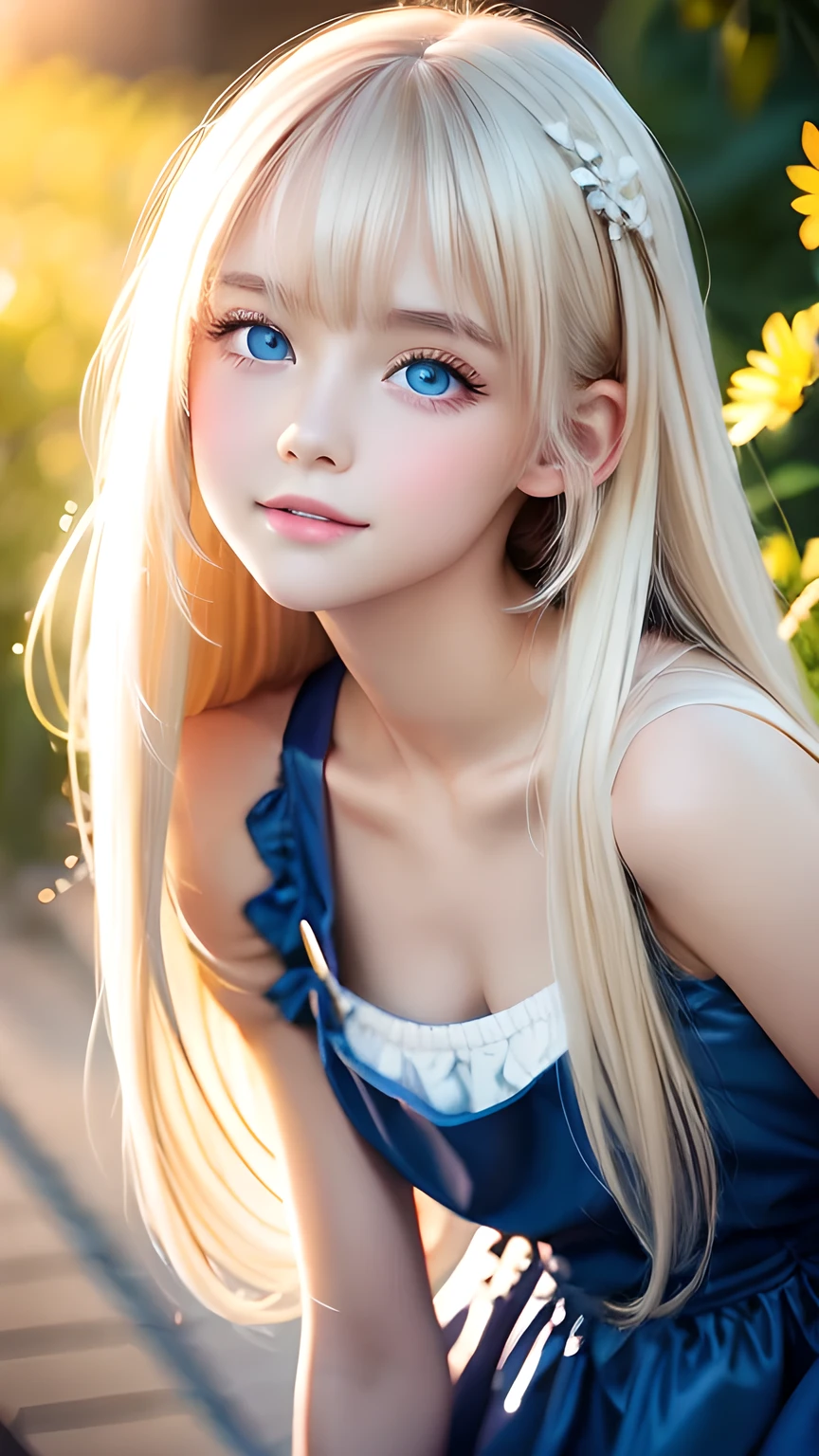 Photorealism、highest quality、超A high resolution、picture、Photo of a very beautiful girl of Scandinavian origin、An exceptionally beautiful girl、Cute and beautiful face details、(Purelos Face_v1:0.008)、Beautiful Bangs、Alice in Wonderland、、Radiant, fair, glowing skin、Hair on face、Bangs that reach the face、Bangs between the eyes、Super long super long hair、Glamorous bright natural platinum blonde super long straight silky hair、Thin Hair、Very large, bright blue eyes that shine beautifully、White apron、Blue Dress、eyeliner、double eyelid、Ample Bust、White, shiny skin、Small Face Beauty、Round face、