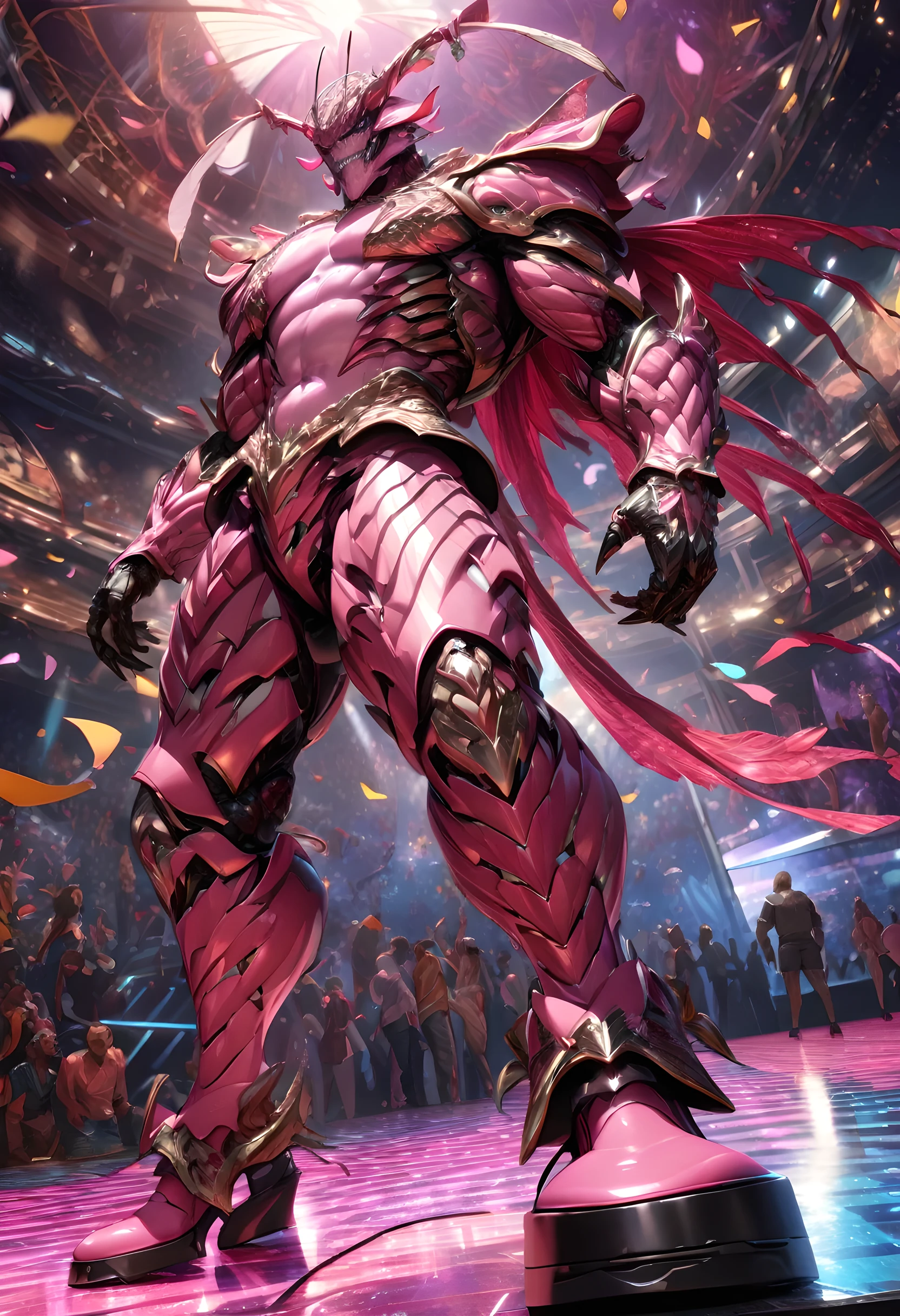 ((absurdres)) perfect whole body, ultra photorealistic, Top quality, Photorealistic, ((16k UHD)), High Definition, high res, ultra sharp, masterpiece, best quality, intricate details, detailed eyes, perfect face detailed face, masterpiece, highly detailed exquisite character art, perfectly detailed anatomy, detailed body, detailed pecs, (((natural light))), ultra-realistic, (((1male))) ((tall muscular man male humanoid)), bald, humanoid (((pink skin))), deity, god of insects, waist sash, (((humanoid pink skin tone)), (((alpha male))) pink hue, powerful humanoid appearance, pure white eyes, shiny metallic scales, scales. ((glossy metallic Armor)), ((fully armoured)) intimidating face, strong jaw, high cheekbones, antenna, in a forest, ((petal pink humanoid insect)) insect humanoid, insect anatomy, abdomen, stinger, monster humanoid, horns on arms, (((partially unbuttoned silk shirt))) (((at a disco))) glitter, glimmer, confetti, ((large glasses)) ((platform shoes)) (((80s disco theme))) wearing puffy athletic pants, disco ball, (((dancing))) ((dynamic crowd)) ((dance floor)) (((from below)))