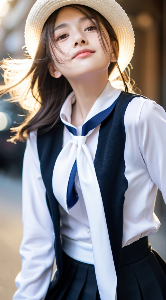 One girl, Uranohoshi Uniform,turn around , Winter clothes, Black Shirt, Black Skirt, Long sleeve, White neckerchief, Pleated skirt, Sailor collar, alone, Long Hair, Are standing,  Upper Body, (smile:0.7), View Viewer, Long Hair, Outdoor, noon, street, sunlight, Are standing, Beautiful Face, (Cowboy Shot), 8k, High resolution, 超High resolution, masterpiece,(Realistic), Highly detailed CG integrated 8K wallpaper, (high qualityスキン:1.2),8K Ultra HD, Digital SLR, high quality, Beautiful Skin, Charm, 超High resolution, ultra-Realistic, High resolution, close, Dynamic pose, close,