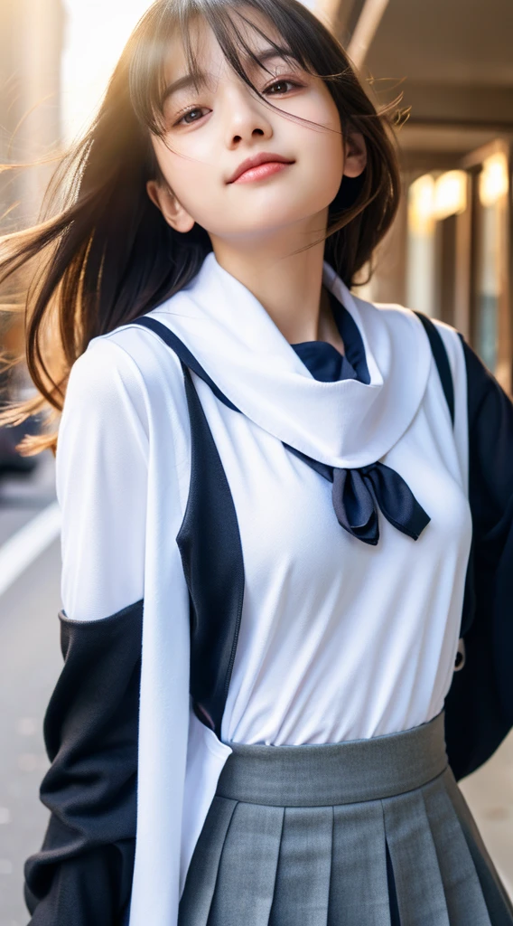 One girl, Uranohoshi Uniform,turn around , Winter clothes, Black Shirt, Black Skirt, Long sleeve, White neckerchief, Pleated skirt, Sailor collar, alone, Long Hair, Are standing,  Upper Body, (smile:0.7), View Viewer, Long Hair, Outdoor, noon, street, sunlight, Are standing, Beautiful Face, (Cowboy Shot), 8k, High resolution, 超High resolution, masterpiece,(Realistic), Highly detailed CG integrated 8K wallpaper, (high qualityスキン:1.2),8K Ultra HD, Digital SLR, high quality, Beautiful Skin, Charm, 超High resolution, ultra-Realistic, High resolution, close, Dynamic pose, close,