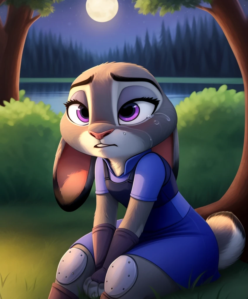 Judy Hopps sat in the forest by the lake at night and cried, Puppy eyes, tears, Pink Heart Dress, White long gloves