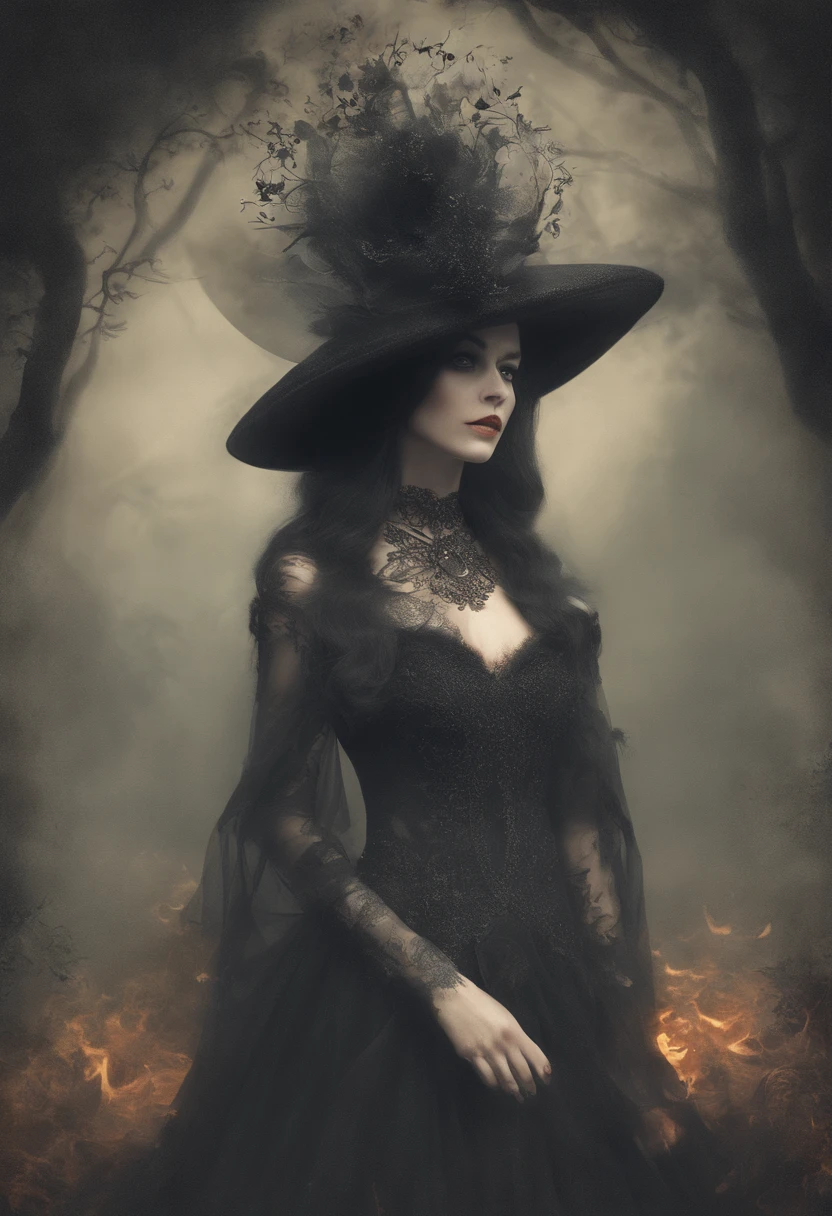 blurred image of a woman in a hat((estilo seculo XVIII)(Importante)) e vestido preto(estilo seculo XVIII), Decote (without handle, em V:1.6, ombros a mostra), cintura fina,fantasia sombria misturada com realismo, deusa da morte in a graveyard, deusa da morte, southern gothic art, classic witch, mulher negra, bruxa escura elegante, assustadora rainha da morte, photo of a mulher negra, artistic style tom bagshaw, beautiful female scary witch, mulher bruxa, seios grandes:1.5, roupa estilo seculo XVIII, decote estremamente grande, grande parte dos seios a mostra, colada no corpo, de frente ao visualizador, attention to the details
