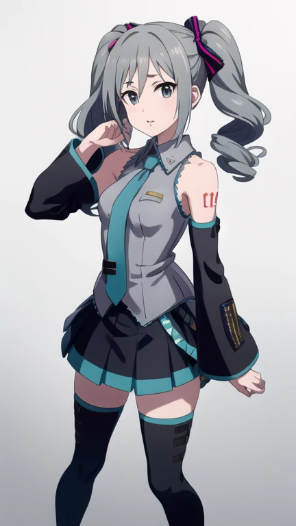 1girl, solo, aaranko, long hair, twintails, twin drills, hair bow, medium breasts, miku outfit, sleeveless shirt, grey shirt, detached sleeves, necktie, arm tattoo, skirt, thighhighs, thigh boots