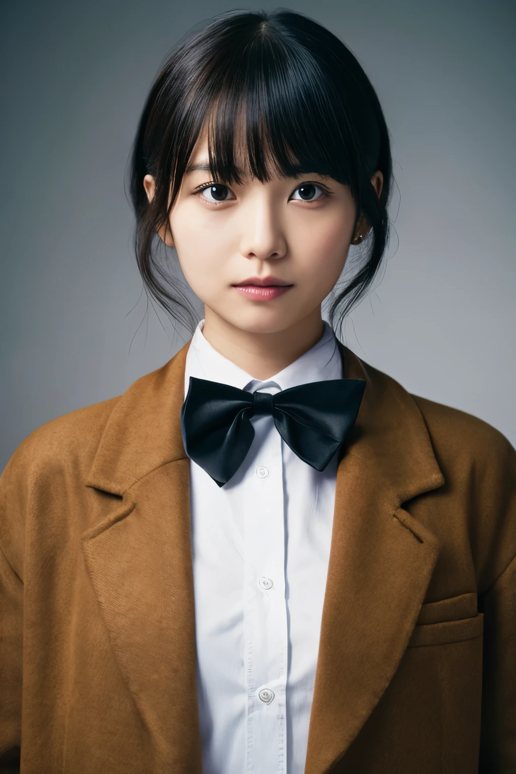 there is a woman with a bow tie and a jacket, shiori teshirogi, yasumoto oka, narumi kakinouchi, sui ishida with black hair, hana yata, chiho, ai yazawa, mai yoneyama, Yoshitomo Nara, sui ishida, yukii morita