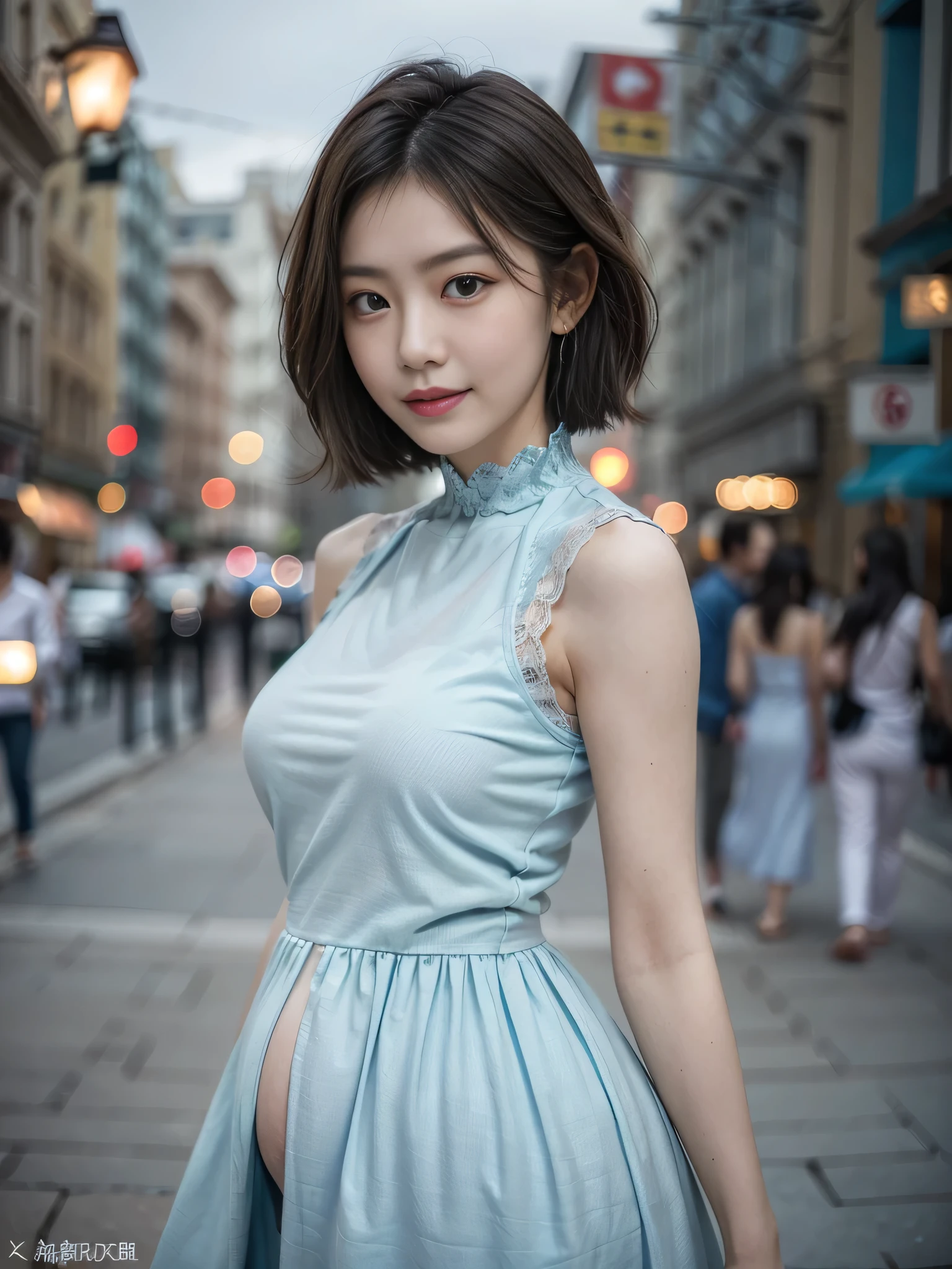 a woman posing on the street corner with light Blue clothes on, highest quality, 1people girl, Big Breasts, Day, bright, Blur the background, Bokeh, Outdoor, (street:0.8), (people々, crowd:1), (lace trim dress:1.5, Sleeveless dress, Light blue clothes, Light blue high neck dress:1.2, Blue clothes: 1.5), nice, (short hair, amount:1.2), Beautifully detailed skies, Earrings, (Dynamic pose:1.2), (Upper Body:0.8), Soft lighting, Wind, Shiny skin, smile、Are pregnant、Pregnant women、