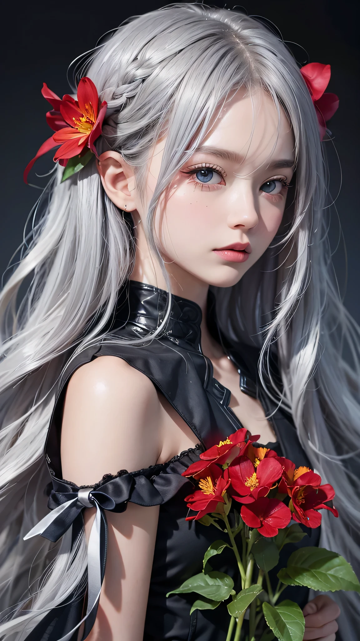 One girl,alone,One girl,alone,((Beautiful fine details)), (Detailed light),Depth of written boundary,(Gray Hair),Silver Eyes,Hair on one eye,(Red flower ), Hair Flowers,Long Hair,Black Cape,Wet,emotionless,Recall,night,Starfall,it's raining,fog,Red flowers falling,sketch,Upper Body,Strong Shadows,
