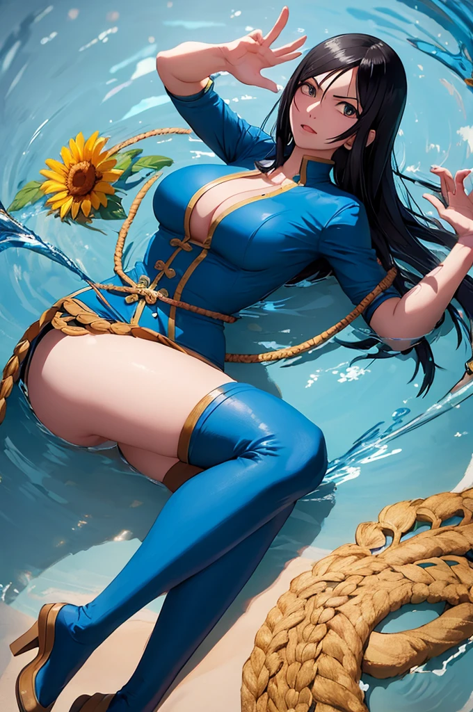 (figure) Nico Robin (piece) Playing as June (avatar), Joan's Black Outfit, June's long black hair, Nico Robin bangs, Accessories (Tattoo), arms (arrow), 射arrow姿势, (Place) Pandora Mountains, background effect