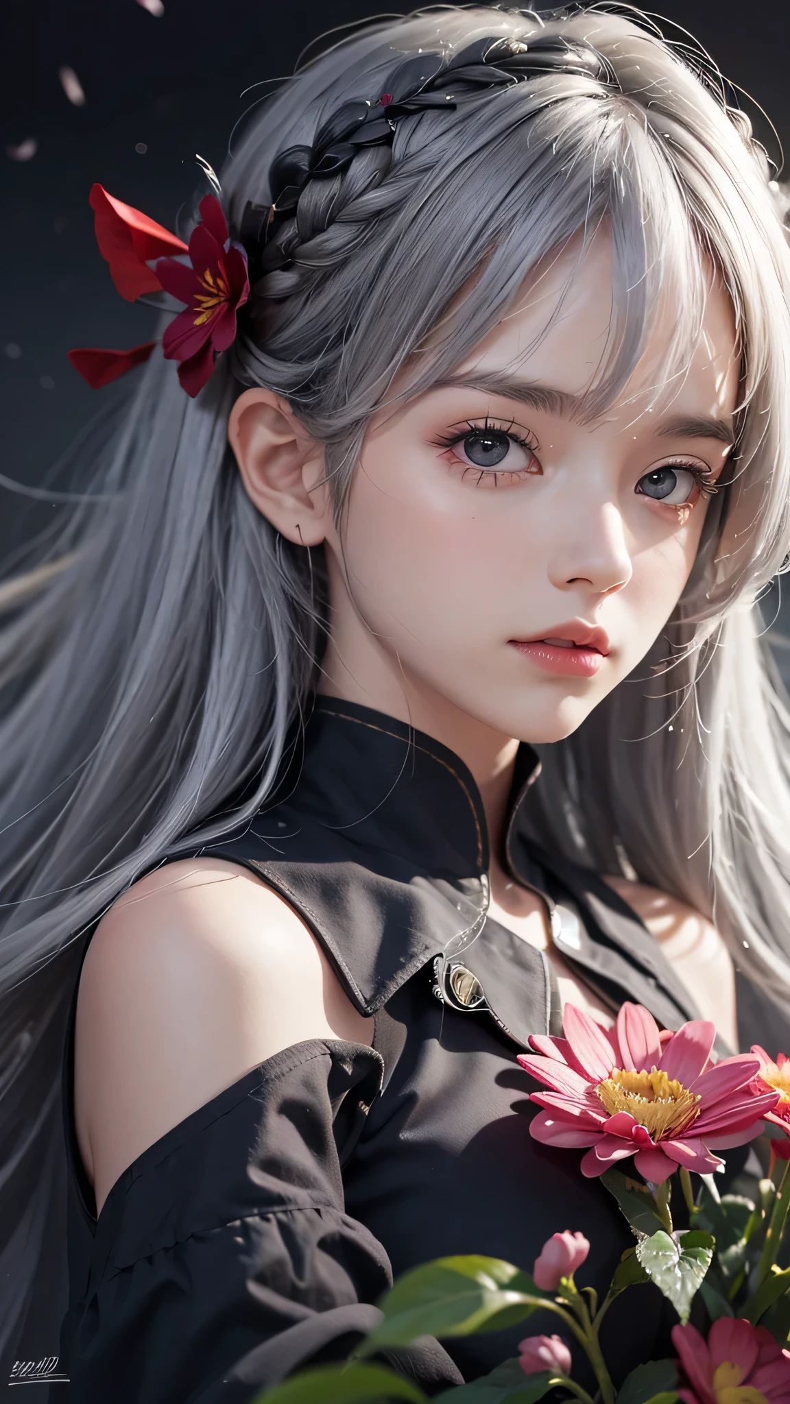 One girl,alone,One girl,alone,((Beautiful fine details)), (Detailed light),Depth of written boundary,(Gray Hair),Silver Eyes,Hair on one eye,(Red flower ), Hair Flowers,Long Hair,Black Cape,Wet,emotionless,Recall,night,Starfall,it&#39;s raining,fog,Red flowers falling,sketch,Upper Body,Strong Shadows,