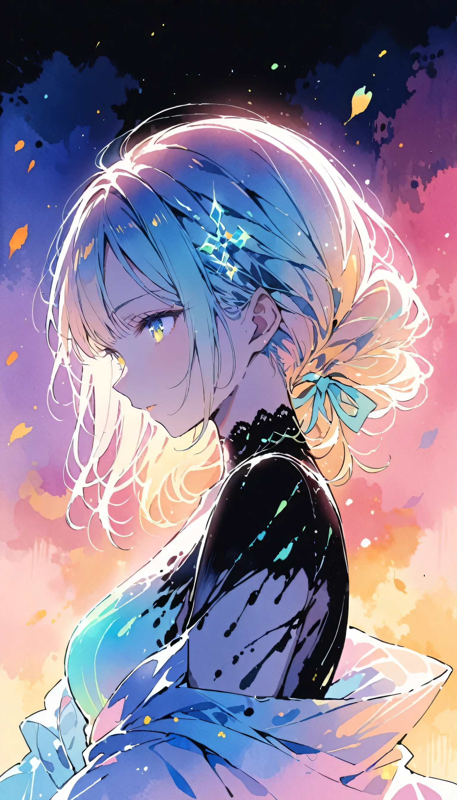 (8k, highest quality, masterpiece:1.2),(highest quality:1.0), (Ultra-high resolution:1.0), watercolor, Beautiful woman, shoulder, Hair Ribbon, Agnes Cecil, Half Body Portrait, Very bright and luminous design, pastel colour, (ink:1.3), Autumn Light,