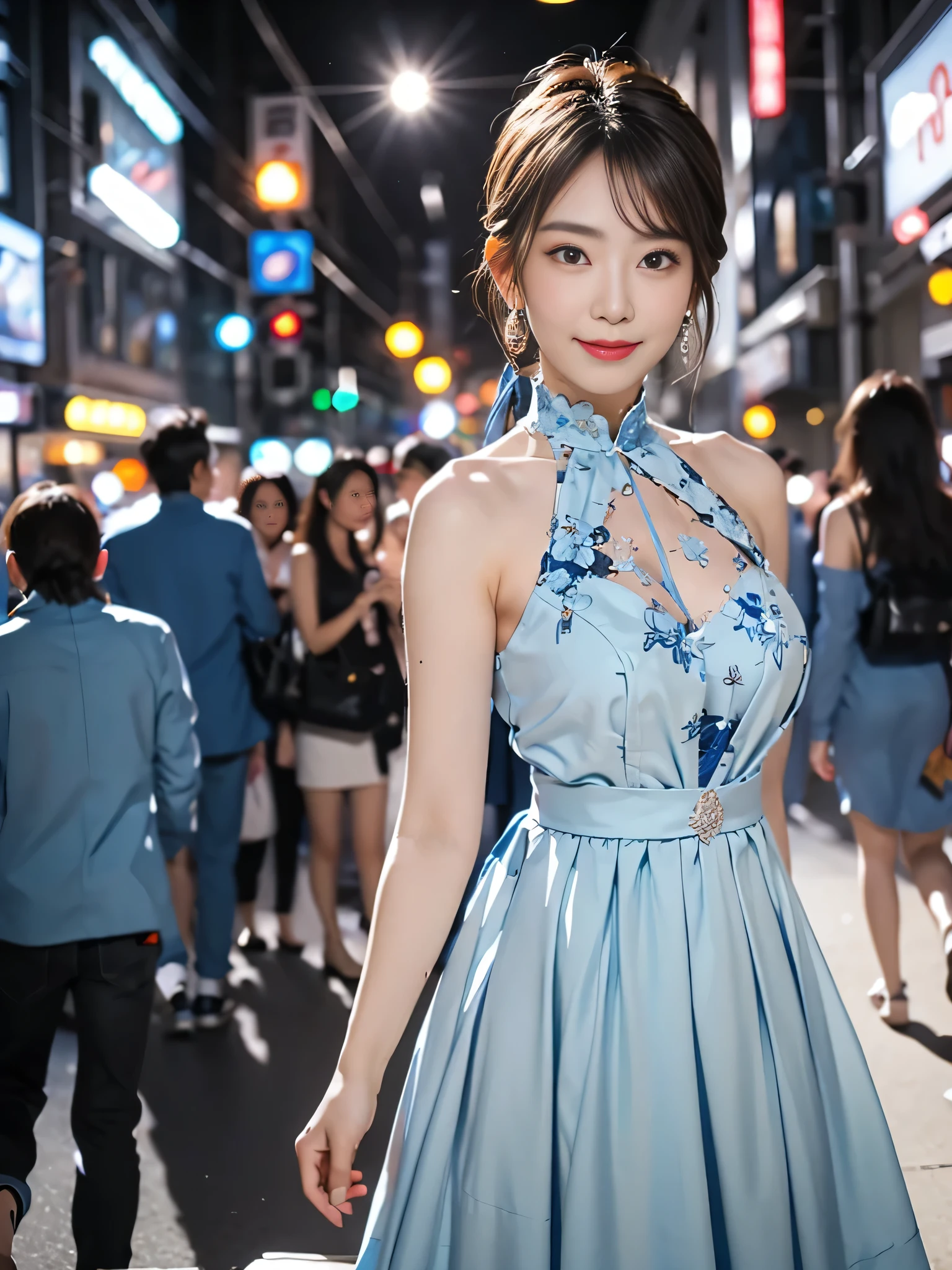 a woman posing on the street corner with light Blue clothes on, highest quality, 1people girl, Big Breasts, Day, bright, Blur the background, Bokeh, Outdoor, (street:0.8), (people々, crowd:1), (lace trim dress:1.5, Sleeveless dress, Light blue clothes, Light blue high neck dress:1.2, Blue clothes: 1.5), nice, (short hair, amount:1.2), Beautifully detailed skies, Earrings, (Dynamic pose:1.2), (Upper Body:0.8), Soft lighting, Wind, Shiny skin, smile,Are pregnant、Pregnant women、
