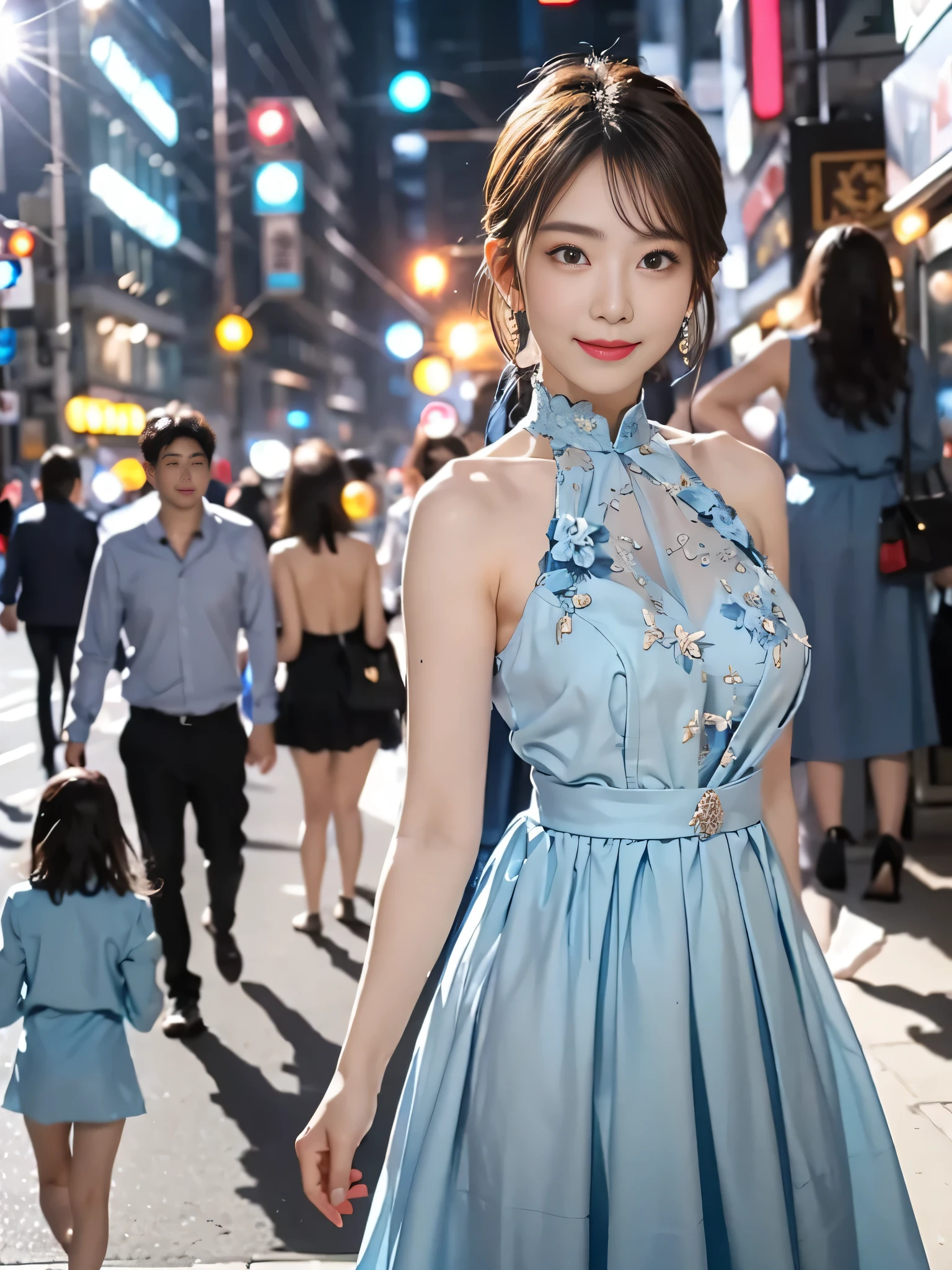 a woman posing on the street corner with light Blue clothes on, highest quality, 1people girl, Big Breasts, Day, bright, Blur the background, Bokeh, Outdoor, (street:0.8), (people々, crowd:1), (lace trim dress:1.5, Sleeveless dress, Light blue clothes, Light blue high neck dress:1.2, Blue clothes: 1.5), nice, (short hair, amount:1.2), Beautifully detailed skies, Earrings, (Dynamic pose:1.2), (Upper Body:0.8), Soft lighting, Wind, Shiny skin, smile,Are pregnant、Pregnant women、