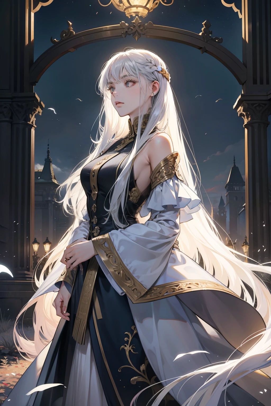 (Ultra-detailed, ambitious description, grandeur quality)
1 young woman, adorned with silvery long locks cascading down her back, clad in a meticulously crafted leather hunting ensemble. She stands resolute in the foreground, adversarial old city gates looming behind her. Surrounding her is a host of ethereal apparitions, assailing her from every direction - pullulating from the earth, their insubstantial yet tangible forms grasping at her. The ghosts lay invisible snarls for her to ensnare her feet, their spectral limbs writhing in the twilight as they persistently challenge her. The intricate details