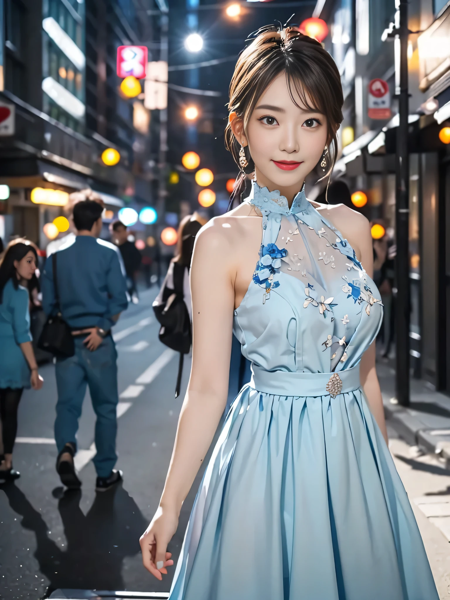 a woman posing on the street corner with light Blue clothes on, highest quality, 1people girl, Big Breasts, Day, bright, Blur the background, Bokeh, Outdoor, (street:0.8), (people々, crowd:1), (lace trim dress:1.5, Sleeveless dress, Light blue clothes, Light blue high neck dress:1.2, Blue clothes: 1.5), nice, (short hair, amount:1.2), Beautifully detailed skies, Earrings, (Dynamic pose:1.2), (Upper Body:0.8), Soft lighting, Wind, Shiny skin, smile,Are pregnant、Pregnant women、