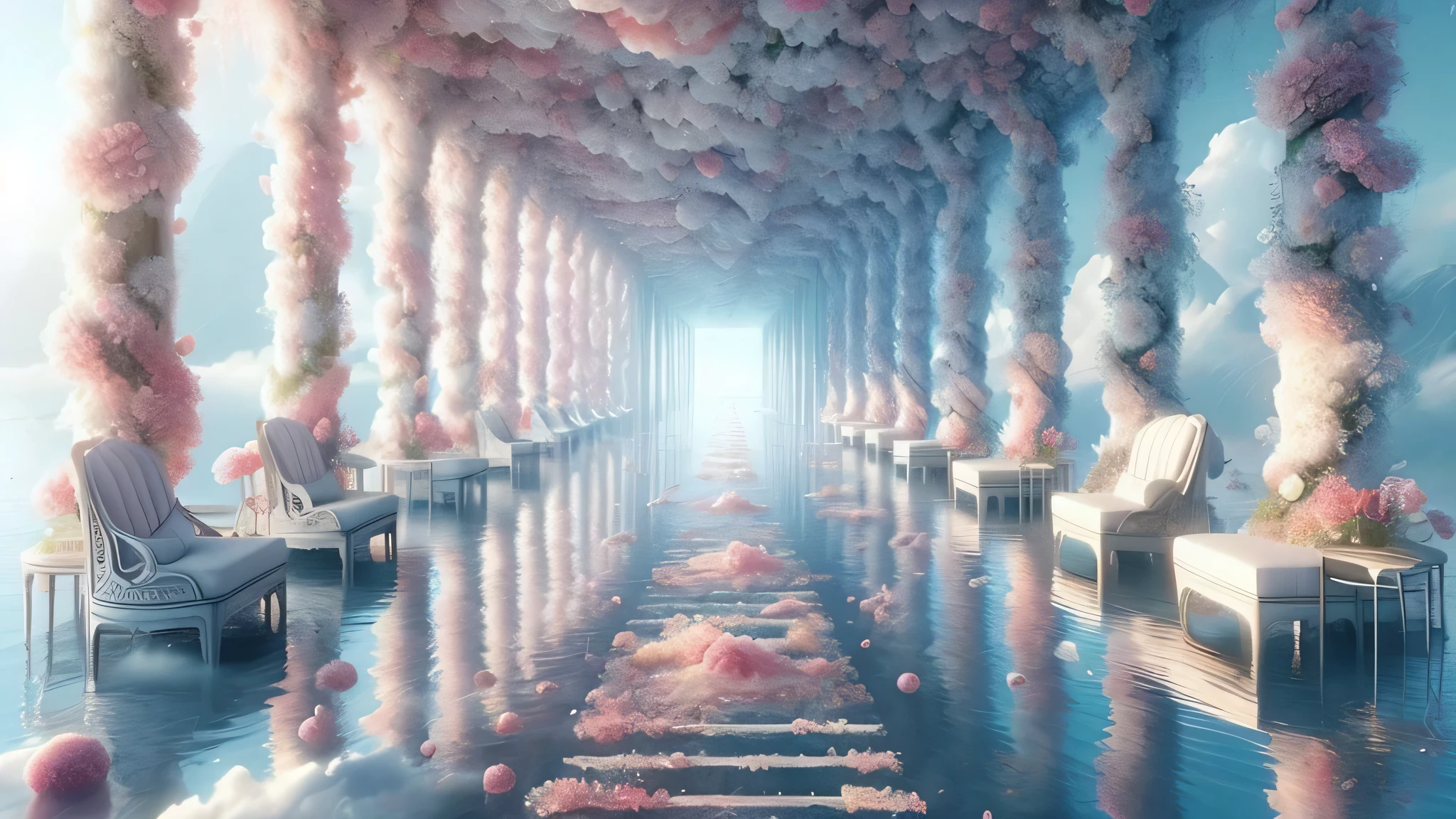 There is a long walkway,There are pink flowers and white chairs, realism | Bipple, Bipple daily art, dreamlike surrealism, Bipple art, Surreal concept art, Hyper-realistic 3D rendering, Bipple. hyperrealism, Bipple and mike winkelmann, highly detailed surreal vfx, Bipple global illumination, Surreal dream landscape