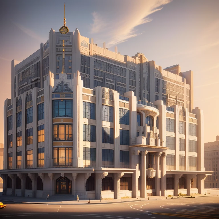 a drawing of a large building with a clock on the top, architectural rendering, art deco architecture, architectural illustration, art deco office buildings, realistic art deco, art deco buildings, rendering of checkmate, art deco factory, an extremely detailed building, architectural render, art deco medieval style, inspired by Vassily Maximov, multistory building, architectural drawing, architecture drawing
