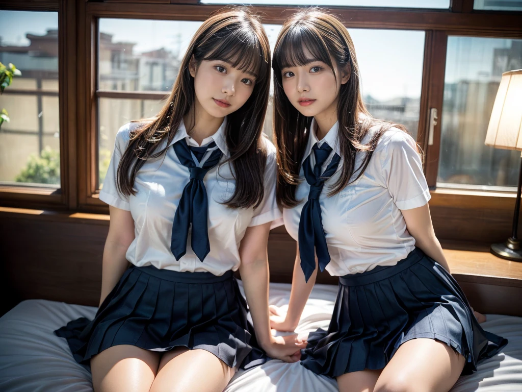 (RAW photo, 4k, masterpiece, high resolution, extremely complex) (realistic: 1.4), cinematic lighting
 ((2 girls, 2 schoolgirls)),Slam Dunk's,blushing,((innocent)),(Dark makeup),bright eyes,round eyes,blunt bangs,(straight hair:1.3),black hair,large breasts,wide hips,Summer Noon, ,Hot, (Best Quality), (Highres), (an Extremely Delicate and Beautiful),(Beautiful 8k face),(Brown eyes),short bob hair,( spectators),(gigantic breasts),(Play with each other,Touching each other's bodies,Touching the body),(Japanese high school uniform:1.3),blue skirt,(reality),bright lighting,(The background is a luxury hotel room)