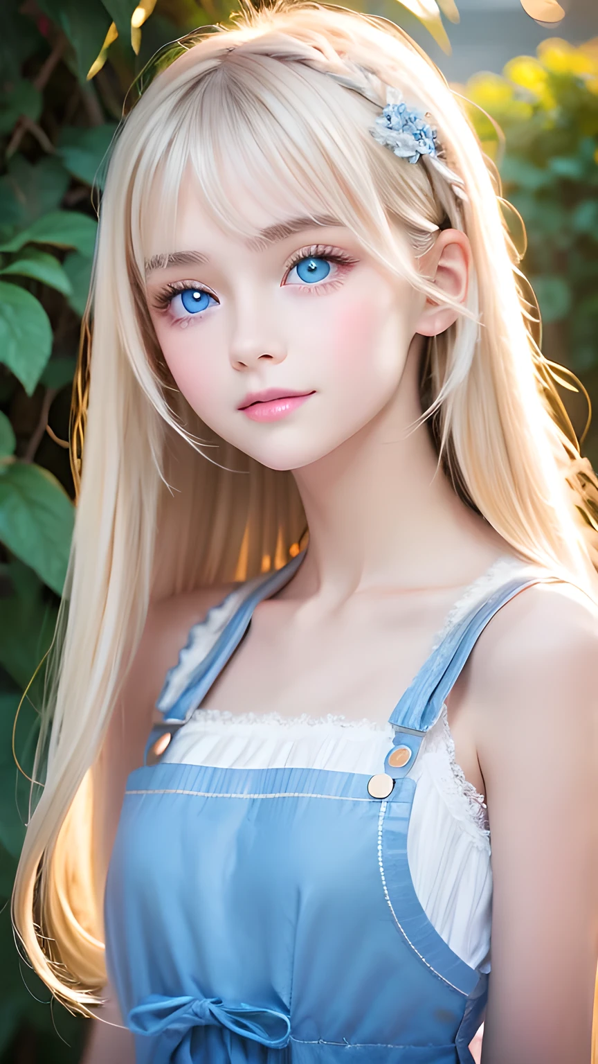 Photorealism、highest quality、超A high resolution、picture、Photo of a very beautiful girl of Scandinavian origin、An exceptionally beautiful girl、Cute and beautiful face details、(Purelos Face_v1:0.008)、Beautiful Bangs、Alice in Wonderland、16 years old、Radiant, fair, glowing skin、Hair on face、Bangs that reach the face、Bangs between the eyes、Super long super long hair、Glamorous bright natural platinum blonde super long straight silky hair、Thin Hair、Very large, bright blue eyes that shine beautifully、White apron、Blue Dress、eyeliner、double eyelid、Ample Bust、White, shiny skin、Small Face Beauty、Round face、