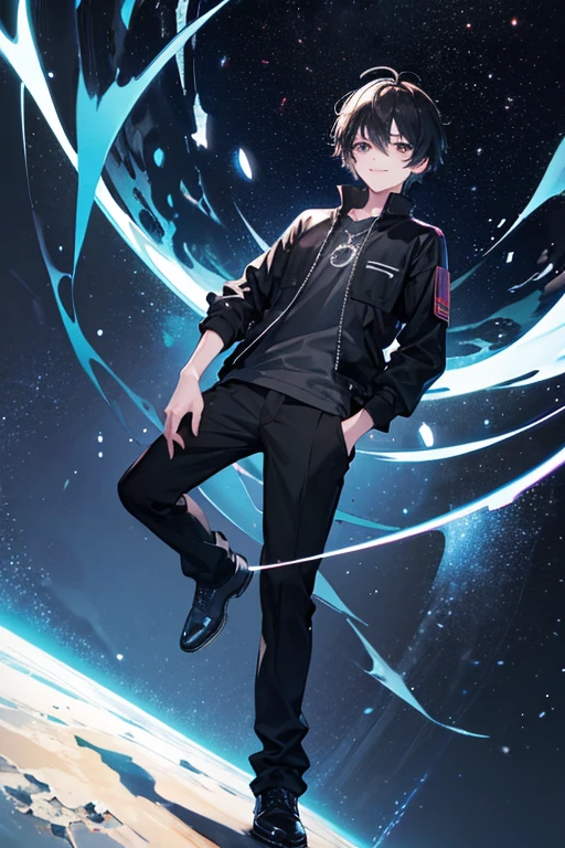 In the boundless universe, you can see a handsome 18 year old young man, short black hair, pitch black eyes, looking at the universe with a smile, his clothes are black like the darkness of the universe, full body