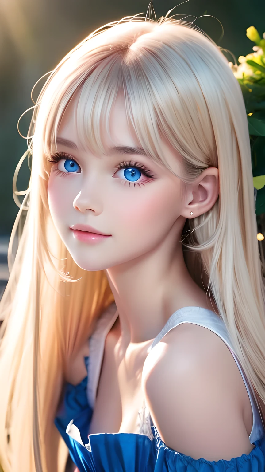 Photorealism、highest quality、超A high resolution、picture、Photo of a very beautiful girl of Scandinavian origin、An exceptionally beautiful girl、Cute and beautiful face details、(Purelos Face_v1:0.008)、Beautiful Bangs、Alice in Wonderland、16 years old、Radiant, fair, glowing skin、Hair on face、Bangs that reach the face、Bangs between the eyes、Super long super long hair、Glamorous bright natural platinum blonde super long straight silky hair、Thin Hair、Very large, bright blue eyes that shine beautifully、White apron、Blue Dress、eyeliner、double eyelid、Ample Bust、White, shiny skin、Small Face Beauty、Round face、