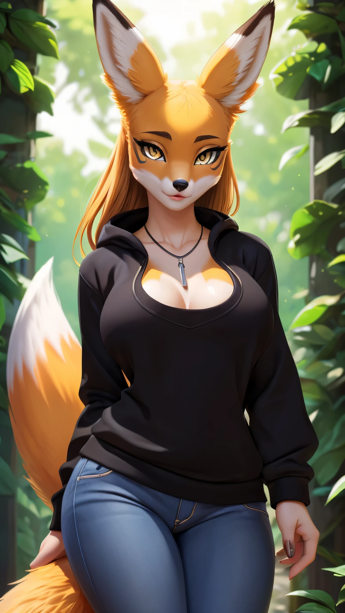 ((ultra quality)), ((tmasterpiece)), fox girl, furry fox, renamon, ((there are only fox ears)), ((there is a fluffy fox tail in the back)), (Beautiful cute face), (fox black nose), (beautiful female lips), Charming, ((Kind expression on his face)), looks at the camera with a gentle smile, eyes are slightly closed, ((skin color red)), Body glare, ((detailed beautiful female eyes)), ((dark yellow eyes)), (juicy female lips), (beautiful female hands), ((perfect female figure)), perfect female body, Beautiful waist, nice feet, Beautiful feet, black claws, gorgeous big thighs, Beautiful ass, beautiful breasts, ((Subtle and beautiful)), seductively worth it, (Dressed in jeans, black sweatshirt necklace) background: country house, ((Depth of field)), ((high quality clear image)), (crisp details), ((higly detailed)), Realistic, Professional Photo Session, ((Clear Focus)), the anime, NSFW