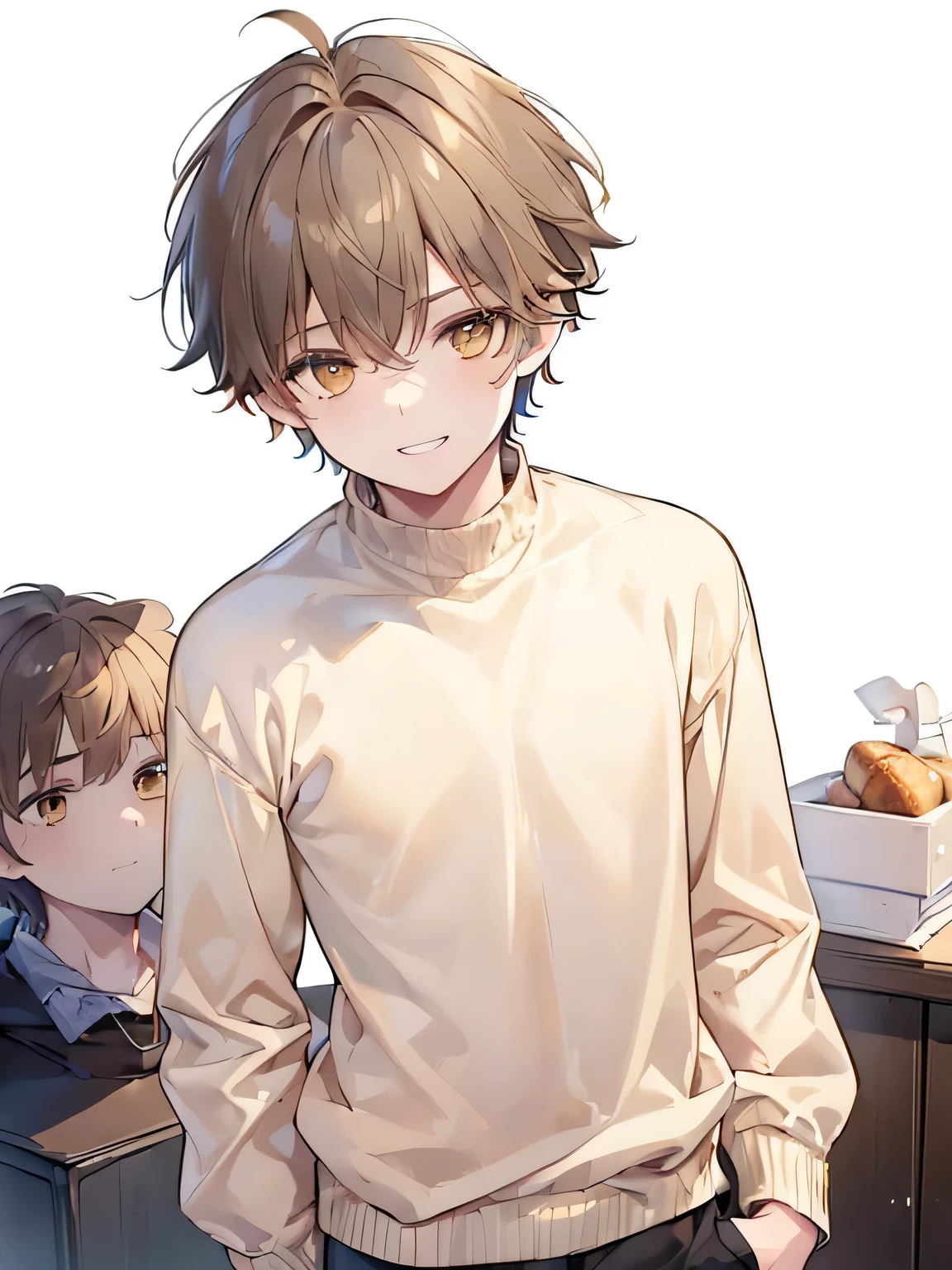 best quality , detailed , ((( 1 boy:1.3 ))) , ( boy focus:1.2 ) , ( lightbrown hair ) , (( short length two block hair )) , bangs , ( male face:1.3 ) , oversized yellow sweater , sharp nose , (( boy eye )) , brown eye , eyebrows , smile , grin , white teeth , slim body , ( facing the front ) , (( cowboy shot:1.3 )) , ( simple white background:1.2 ) ,from front