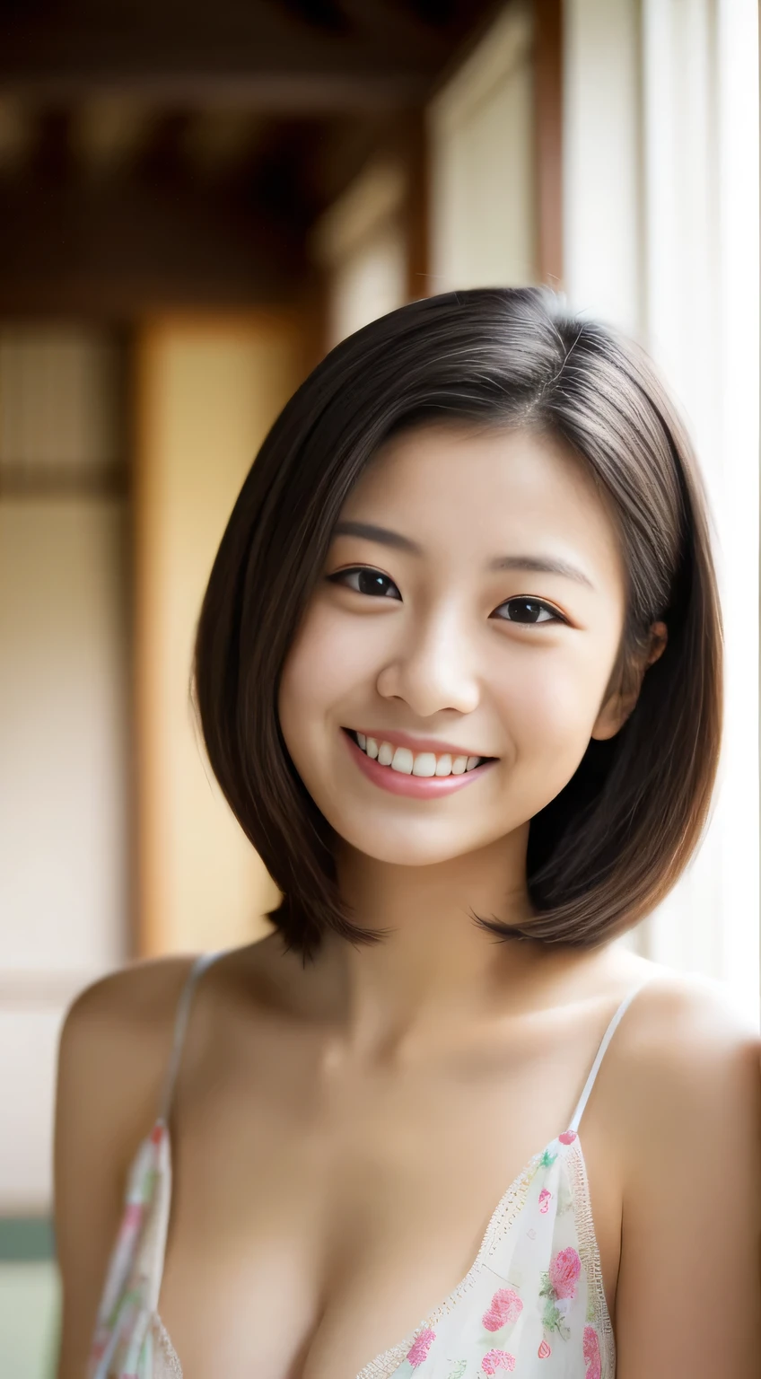 masterpiece,best quality,(Japanese ),((Beautiful girl)),cleavage,indoor,(perfect body beauty:1.2),(shy smile),beautiful teeth,