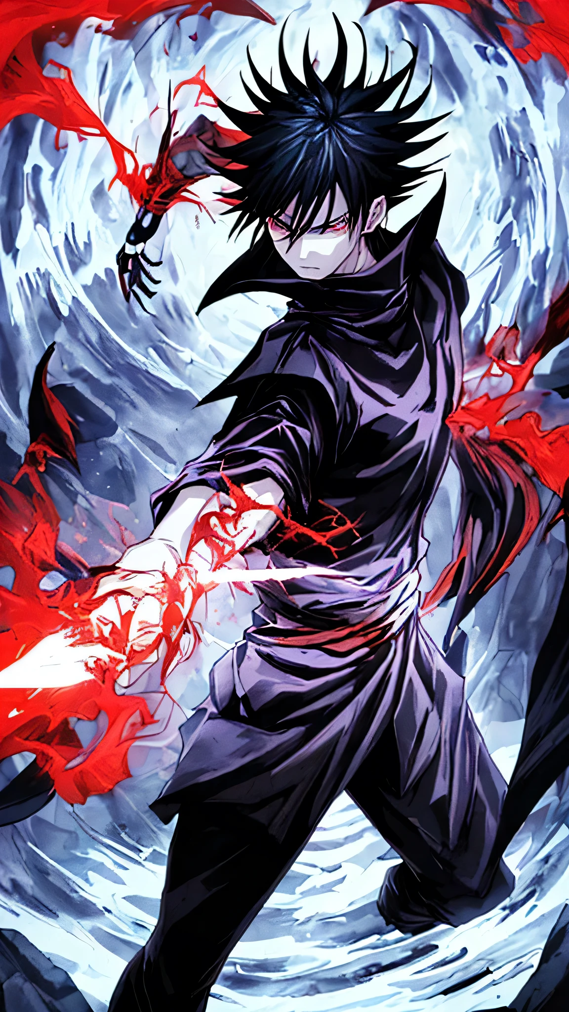 Volume 2 Cover Description The cover of the second volume of The Chronicles of Magic features Ren Shirayuki as the central figure. The background showcases a dynamic and intense scene, setting the tone for the volume's thrilling continuation. Character Pose and Appearance: Ren Shirayuki stands in a powerful and commanding pose at the center of the cover. His stance is wide, feet planted firmly on the ground, exuding confidence and readiness for battle. His left arm is extended forward, fingers splayed as if manipulating something unseen, hinting at his mastery over blood magic. His right hand is held close to his body, a swirling blood spear materializing in his grip, its crimson glow illuminating his determined expression. Ren's appearance is striking: his loose black clothes billow slightly as if caught in a breeze, giving a sense of movement and urgency. His short black hair frames his face, and his intense red eyes pierce through the viewer, reflecting his inner strength and resolve. The faint outline of the Kyoto School of Magic uniform can be seen beneath his black attire, a subtle nod to his student identity. Background and Color Pattern: The background is a blend of dark, ominous hues, with shades of deep crimson and inky black dominating the scene. Swirling clouds of magical energy create a chaotic yet mesmerizing backdrop, representing the tumultuous events and battles that unfold within the volume. The distant silhouette of the pyramid, shrouded in shadows, looms behind Ren, symbolizing the ever-present danger and challenges he faces. Streaks of vibrant red and white lightning crackle across the sky, adding a dynamic element and highlighting the intensity of the story. The ground beneath Ren's feet is cracked and scorched, a testament to the fierce battles and powerful magic that define the narrative. Inscriptions and Title: The title of the manga, The Chronicles of Magic (Magical Chronicles), is prominently displayed at the top of the cover in bold, stylized kanji.