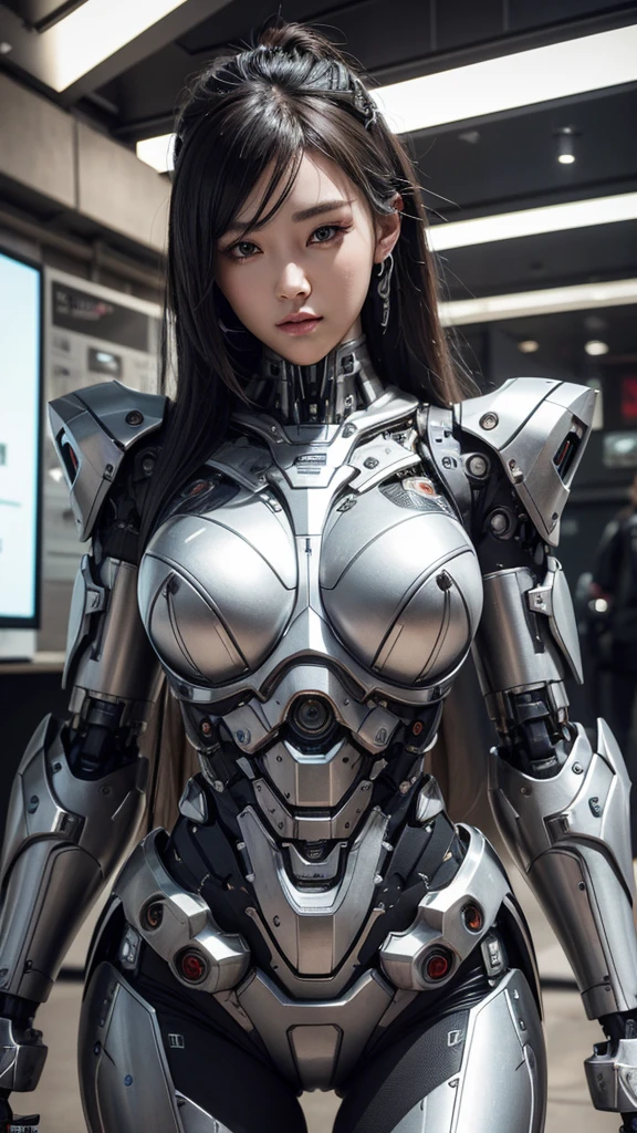 Textured skin, Super Detail, Attention to detail, high quality, high quality, High resolution, 1080p, hard disk, beautiful,(cyborg),Has missiles built into both chests,She has machine guns on both his arms,beautiful cyborg woman,Mecha Cyborg Girl,Battle Mode,Girl with a mechanical body