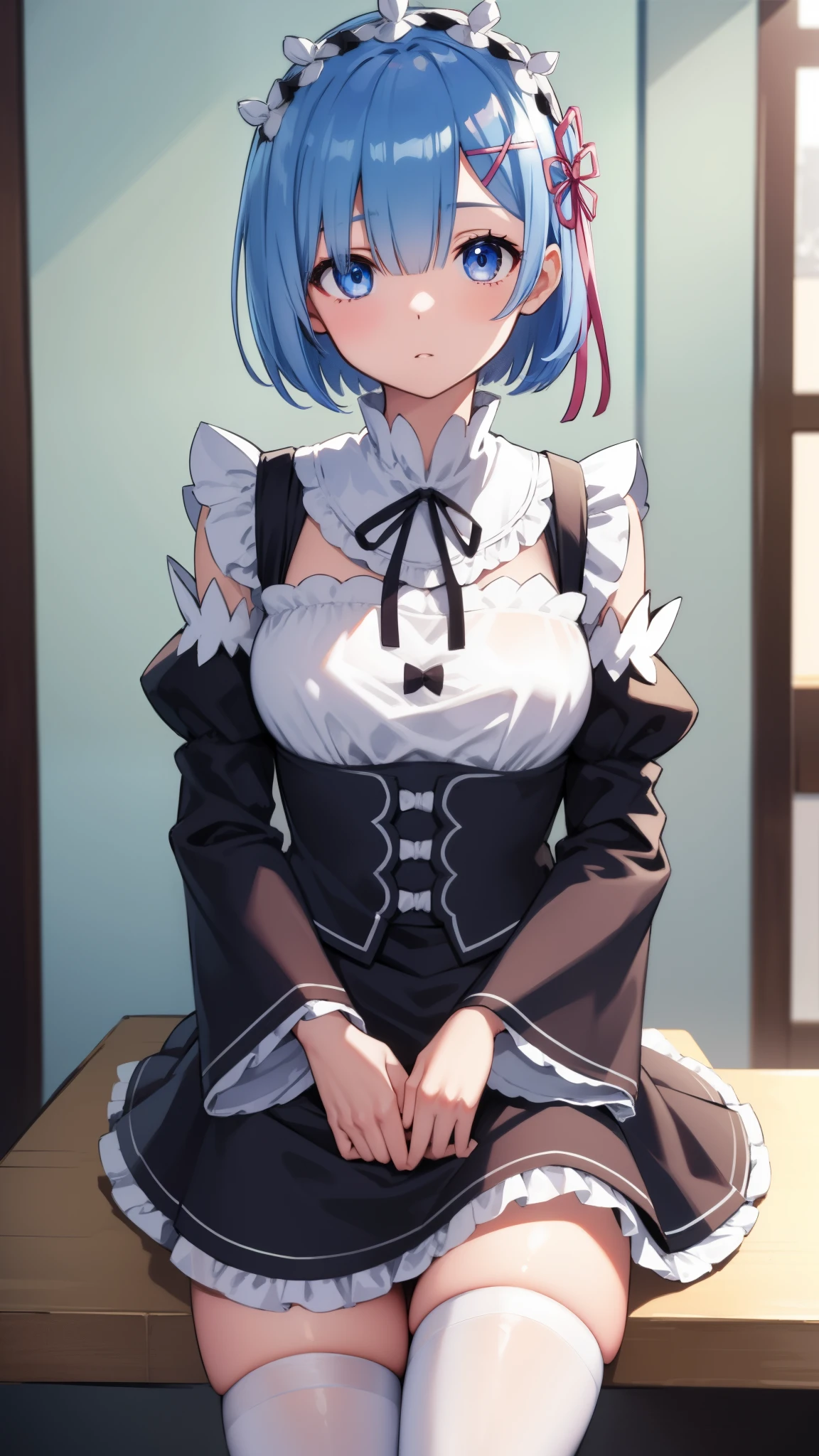 rezerorem, rem, blue eyes, blue hair, hair ornament, hair over one eye, hair ribbon, short hair, x hair ornament,
BREAK apron, black ribbon, black skirt, black sleeves, detached collar, detached sleeves, flower, frilled apron, frilled skirt, frills, head wreath, long sleeves, maid, miniskirt, neck ribbon, purple ribbon, ribbon, ribbon trim, ribbon-trimmed sleeves, roswaal mansion maid uniform, short hair, skirt, thighhighs, waist apron, white apron, white thighhighs,
BREAK outdoors, city,
BREAK looking at viewer, 
BREAK (masterpiece:1.2), best quality, high resolution, unity 8k wallpaper, (illustration:0.8), (beautiful detailed eyes:1.6), extremely detailed face, perfect lighting, extremely detailed CG, (perfect hands, perfect anatomy),