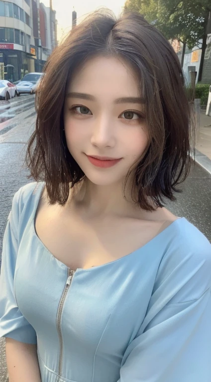 ((highest quality, 8k, masterpiece:1.3)), concentrated: 1.2, Perfect body beauty: 1.4, Hips: 1.2, ((Layered Haircut, chest: 1.2)), (Wet clothes: 1.1), (rain, street:1.3), Bandeau dress: 1.1, Highly detailed face and skin texture, Fine Eyes, double eyelid, Whitening skin, Long Hair, (shut up: 1.3), smile