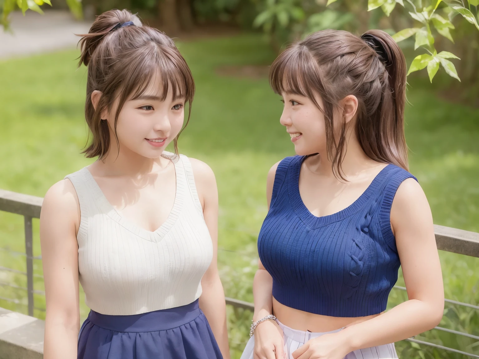 (Two girls of the same age:1.2) , Couple Focus, Adorable, , Upper Body, Japanese Girls, Standing next to each other ,Looking away from the camera,  Off-the-shoulder summer knitwear  , skirt,  (smile), Hair Scrunchie,  (High color saturation:1.0), highest quality, Ultra-high resolution, Photorealistic, Very detailed, 8k, RAW Photos, (chest)