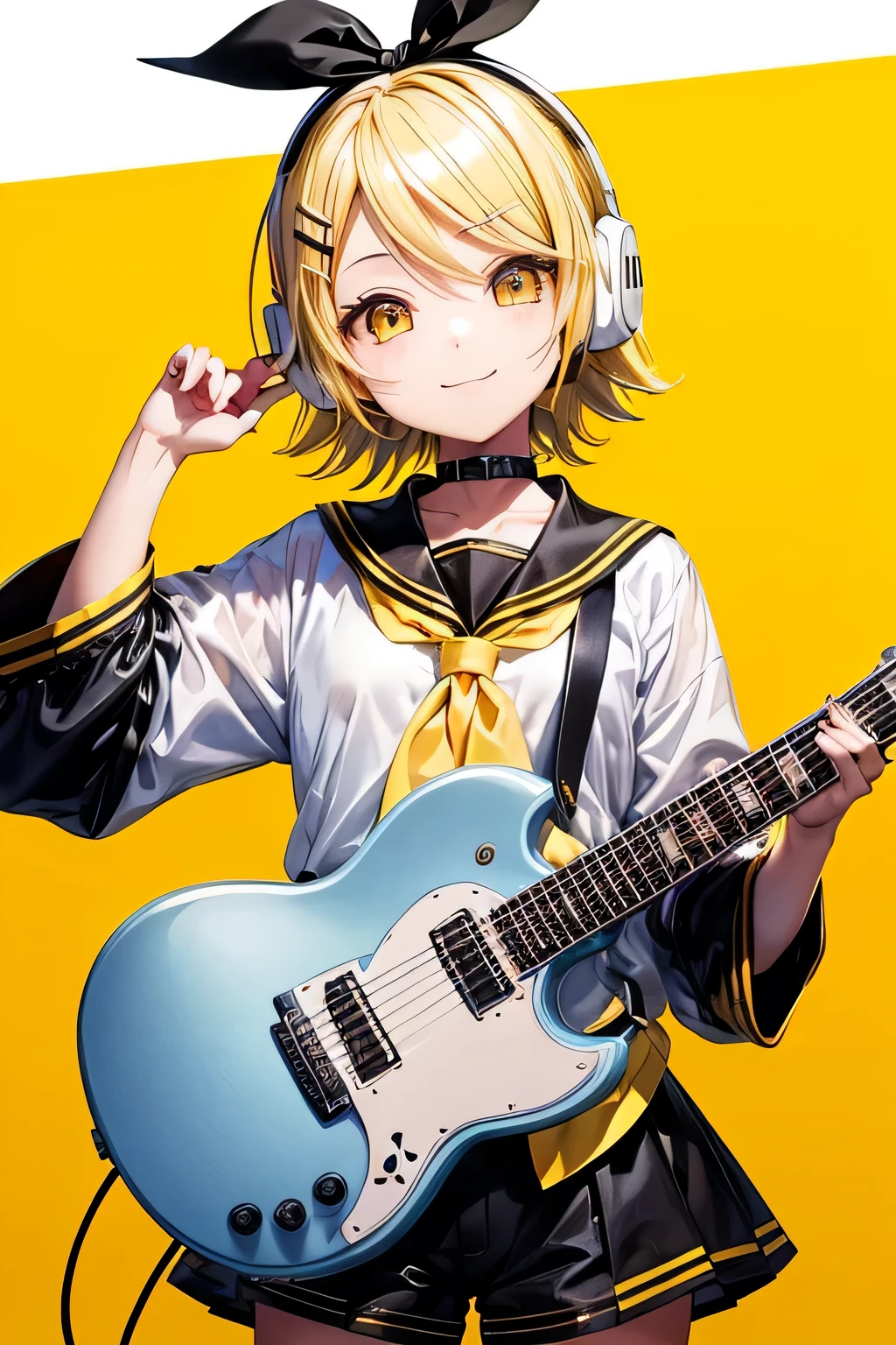 Kagamine Rin、highest quality、Ultra-precision、One Girl、Cute S、short hair、White Hair Ribbon、Barrette、Headphones、Blonde、Black shorts、internal、Yellow neckerchief、No sleeve、smile、Black Background、Eye、Yellow Eyes、Playing electric guitar、whole body
