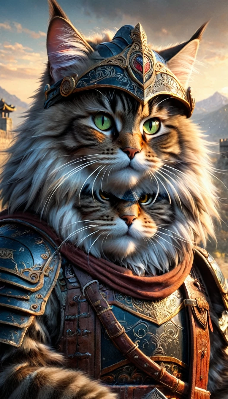 Official Art, Unity 8k wallpaper, Very detailed, Pretty and beautiful, masterpiece, best quality, Go to hospital《The Lord of the Rings》style，Actual scenario，epic war scenes，(Siberian cat warrior:1.4)，(whole body:1.2), Samurai Armor, Wear elaborate armor and helmets，There are long swords，In battle，The Great Wall background，Cool colors，texture，Ray Tracing，