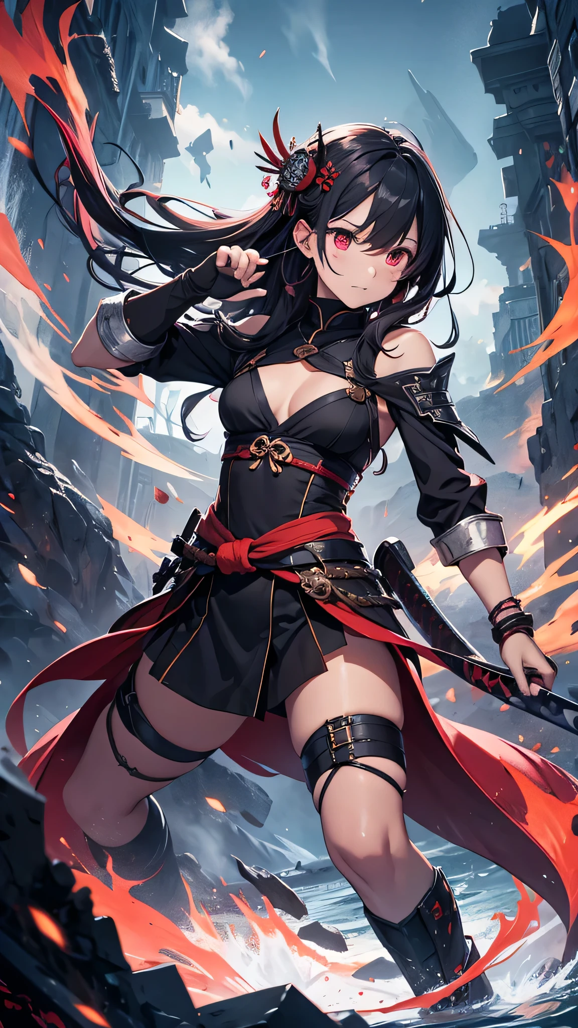 Highest quality、Highest quality、Masterpiece、girl((Age 25、as soon as、Highest Bust、Medium Bust、Wide open chest、Red glowing eyes、Black Ear、Red Mesh、Disheveled Hair、Loincloth、thin、The best valley、Open chest、Luminous Wristbands、hair ornaments、Full body view、Tank top、Black Samurai Costume、scar、Full body scar、Fighting Pose,Japanese sword、A little muscular、Watery eye、Tears))、high quality、Beautiful Art、background((night、Ninja World,volcano))、flight、Flying Debris、Depth of text、movie、Visual Arts、Perfect Art、8K、Genuine、