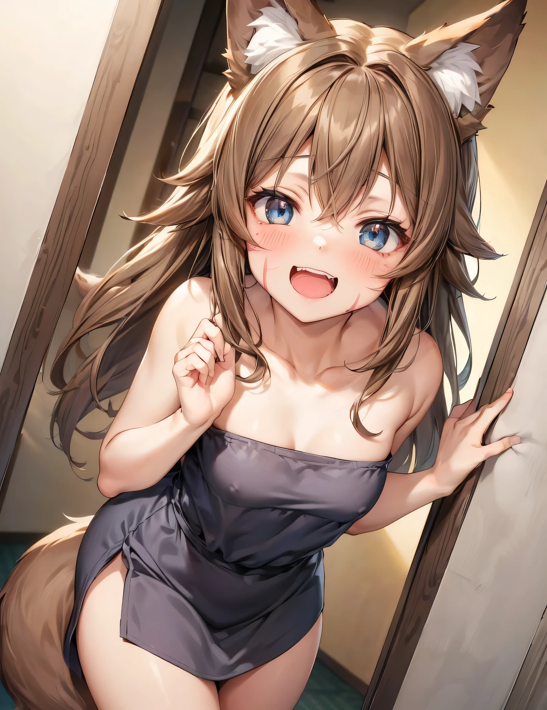 Solo, 1Female, Wolf Girl, Highschool Aged, Scruffy Unruly Long Hair, Dark Brown Hair Colour, ((Fluffy Brown Wolf Ears)), Dark Blue Eyes, Cutesy Face, Long Canine Teeth, Small Breast Size, Skinny Body Type, Wide Hips, Thick Thighs, (Fluffy Long Brown Wolf Tail), Long Brown Dress, Simple Dress Design, Standing in Japanese Apartment Hallway, Joyous Expression, Soft Blush, Dynamic Pose, ((Scars On Face and Body)), From Above, ((Masterpiece, 4K Resolution, Perfect Anatomy, Perfect Hands)),