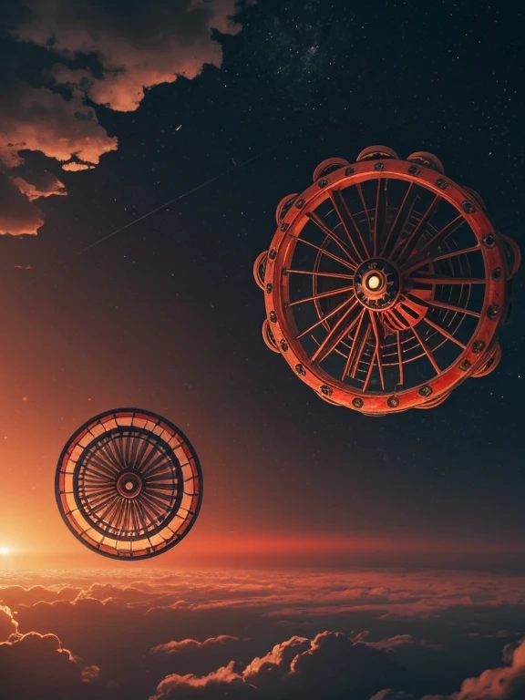 Four interconnected marble wheels, inlaid with many eyes, floating in the sky. Sky covered in black and red hue. People looking up in terror.