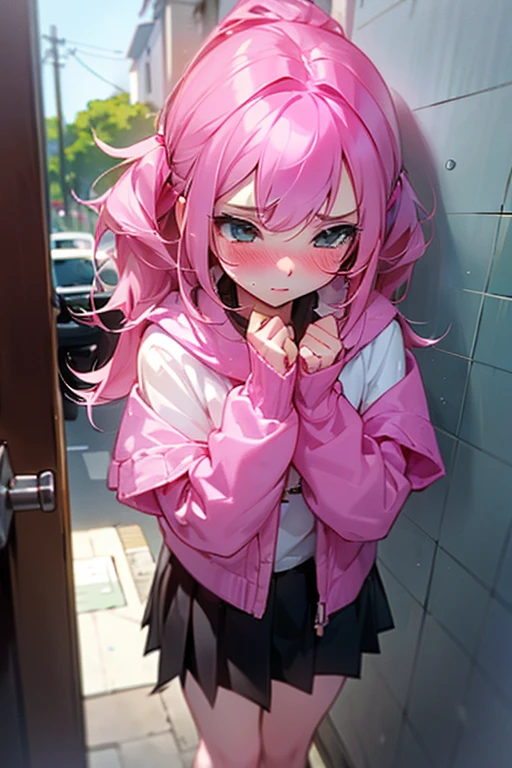 1girl,solo,blush,cute pink hair,she takes to the toilet,bathroom,Look away,Standing,embarrassed from,keep mouth shut,Girl is peeing,hold it,Mini skirt