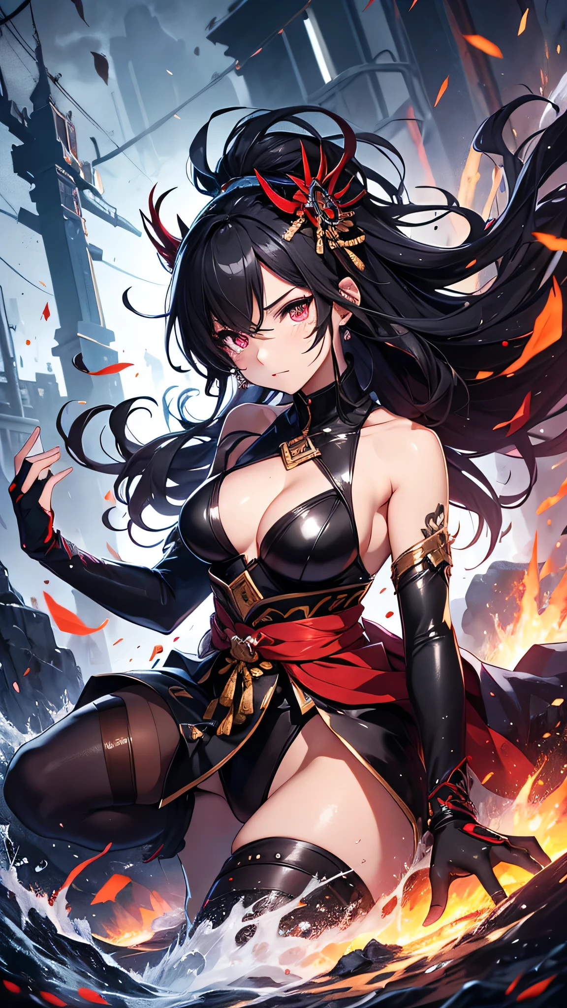 Highest quality、Highest quality、Masterpiece、girl((Age 25、as soon as、Highest Bust、Medium Bust、Wide open chest、Red glowing eyes、Black Ear、Red Mesh、Disheveled Hair、Loincloth、thin、The best valley、Open chest、Luminous Wristbands、hair ornaments、Full body view、Tank top、Black Samurai Costume、scar、Full body scar、Fighting Pose,Japanese sword、A little muscular、Watery eye、Tears))、high quality、Beautiful Art、background((night、Ninja World,volcano))、flight、Flying Debris、Depth of text、movie、Visual Arts、Perfect Art、8K、Genuine、
