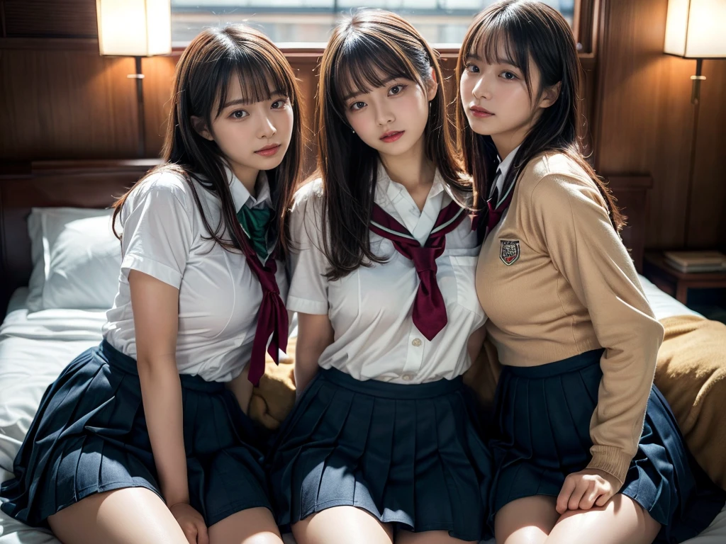 (RAW photo, 4k, masterpiece, high resolution, extremely complex) (realistic: 1.4), cinematic lighting
 ((2 girls, 2 schoolgirls)),Slam Dunk's,blushing,((innocent)),(Dark makeup),bright eyes,round eyes,blunt bangs,(straight hair:1.3),black hair,large breasts,wide hips,Summer Noon, ,Hot, (Best Quality), (Highres), (an Extremely Delicate and Beautiful),(Beautiful 8k face),(Brown eyes),short bob hair,( spectators),(gigantic breasts),(Play with each other,Touching each other's bodies,Touching the body),(Japanese high school uniform:1.3),blue skirt,(reality),bright lighting,(The background is a luxury hotel room)