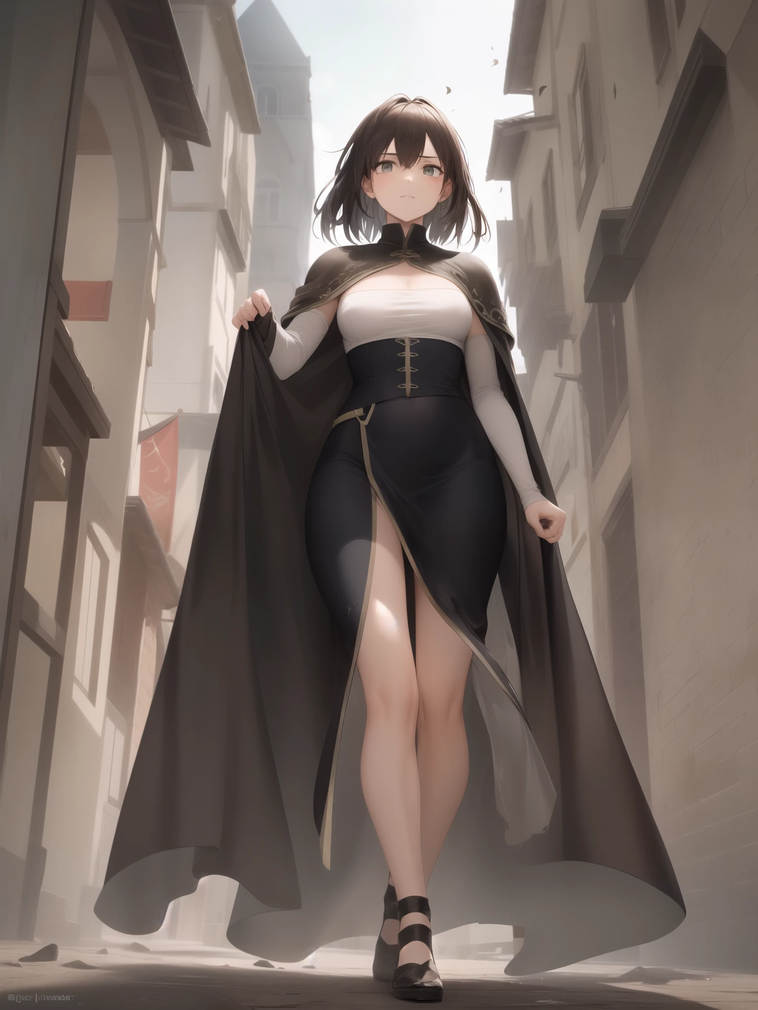 The heroine walks away, fluttering her damaged cloak., Swordsman Style, Light Armor, Slender figure, Toned thighs, Tight round ass, Wearing earth-colored long spats, Old townscape of medieval Europe, dust flying, Low angle shooting, From below, The people praising the hero&#39;s triumphant return