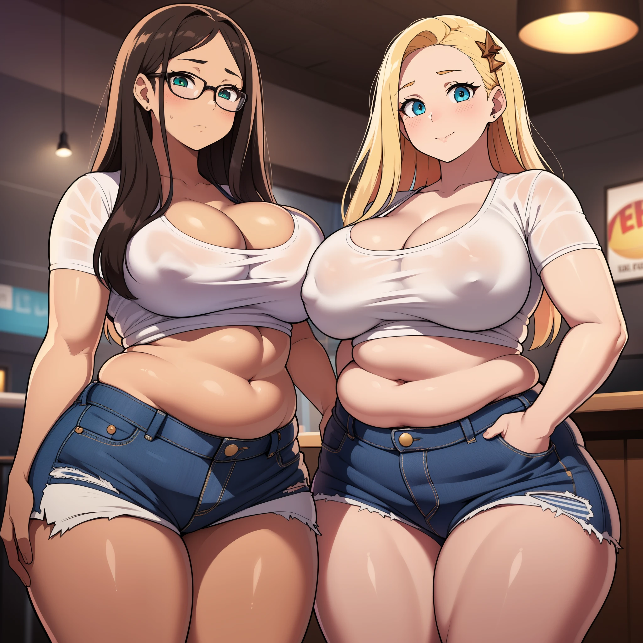 ((highres)), Masterpiece, high quality, best quality, beautiful, perfect lighting, detailed face, ultra cute face, ((2girls)), blush, one girl has blonde hair, blue eyes, crop top and shorts, one girl has brown hair, green eyes, jeans, white shirt, fast food restaurant, cleavage, medium breasts, ((wide hips)), (thick thighs), ((plump)), chubby belly, belly grab, fat folds, standing next to each other,