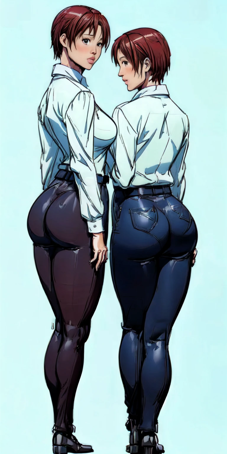 (plain background, 8k, best quality, masterpiece, realistic, photo-realistic:1.37) (Kei Kishimoto) View looking up from the ground behind, Two office ladies standing side by side in a half-squat position, Sticking out her butt)), milf, business suit