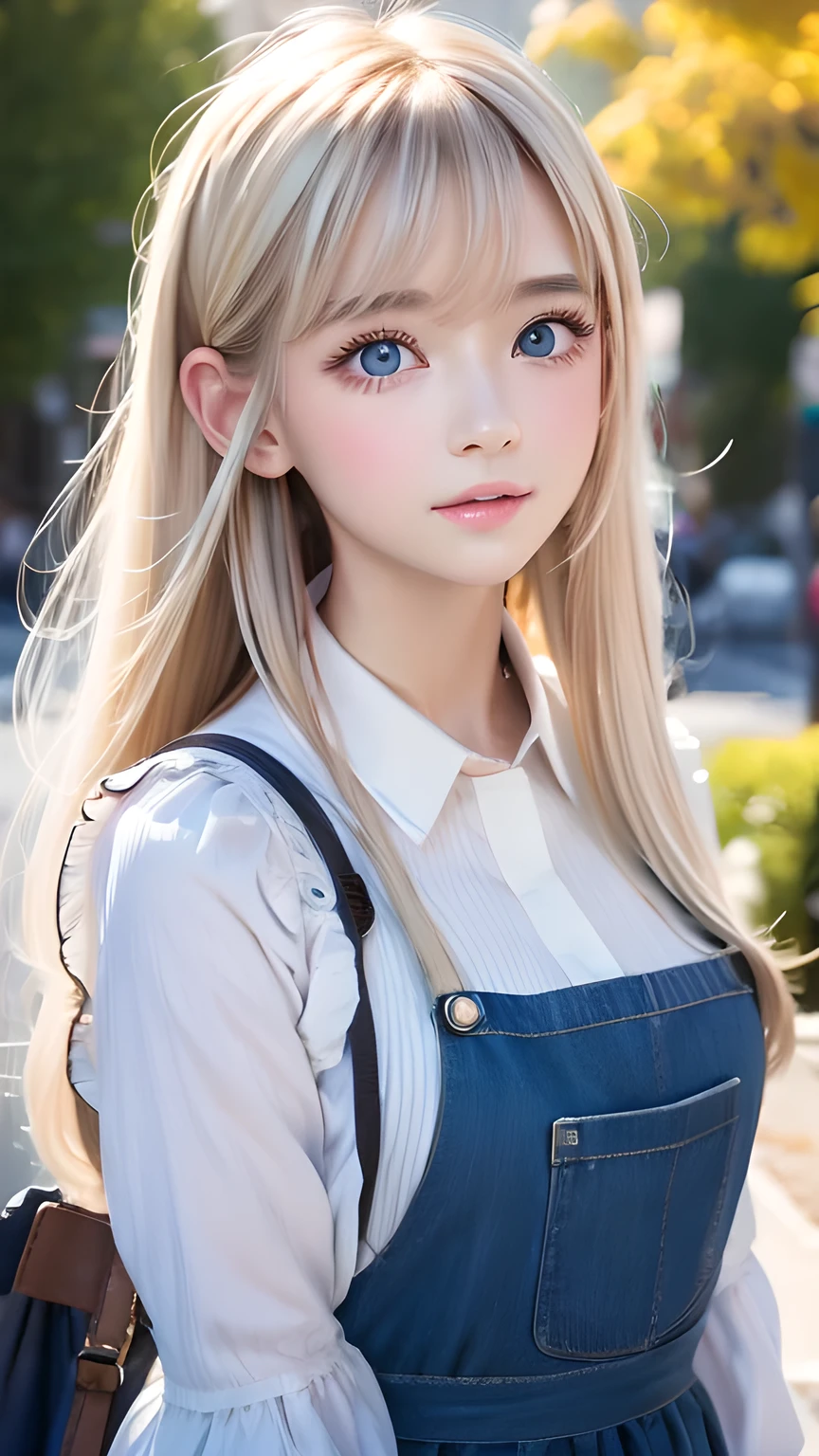 Photorealism、highest quality、超A high resolution、photograph、Photograph of a very beautiful girl from Scandinavia、Very beautiful girl、Cute and beautiful face details、(PurerosFace_v1:0.008)、Beautiful Bangs、Alice in Wonderland、16 years old、Shine, fair, Shine Skin、Facial hair、Bangs on the face、Bangs between the eyes、Super long super long hair、Attractive bright natural platinum blonde super long straight silky hair、Thin Hair、Very large, Beautifully Shine Bright Blue Eyes、white apron、Blue clothes、eyeliner、double eyelid、Ample Bust、white, Shiny skin、Small Face Beauty、Round face、