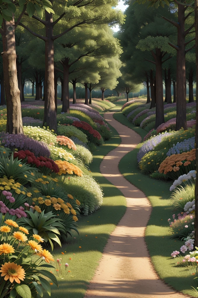 A forest full of flowers, path in forest, Grandma's house in the background, Chubby white little red riding hood,White and beautiful cheeks, Straight and long hair.