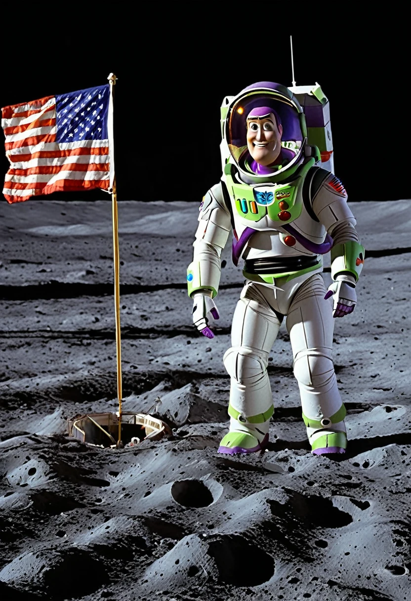 Buzz Lightyear from toy story on moon, moon landing, (american flag on moon), detailed photo , colorful, disney pixar, rocket on side, masterpiece, best quality, amazing quality, very aesthetic, absurdres