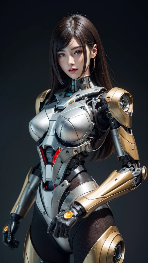 Textured skin, Super Detail, Attention to detail, high quality, high quality, High resolution, 1080p, hard disk, beautiful,(cyborg),Has missiles built into both chests,She has machine guns on both his arms,beautiful cyborg woman,Mecha Cyborg Girl,Battle Mode,Girl with a mechanical body